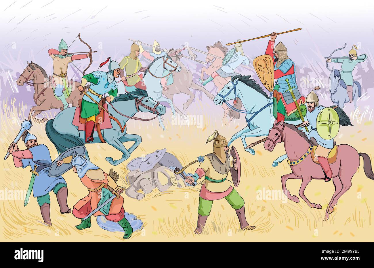 Ancient Kazakh battle scene, Kazakhstan. Stock Photo