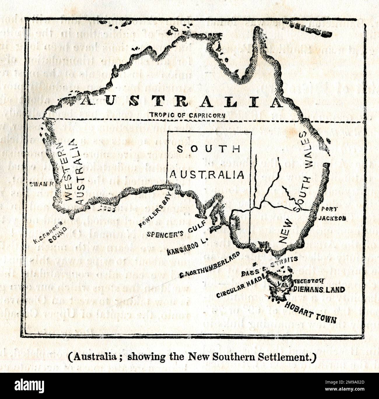 Map of Australia showing the New Southern Settlement. Stock Photo