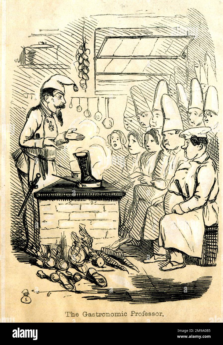 Political Cartoon, The Gastronomic Professor, Chef cooking a Wellington Boot Stock Photo