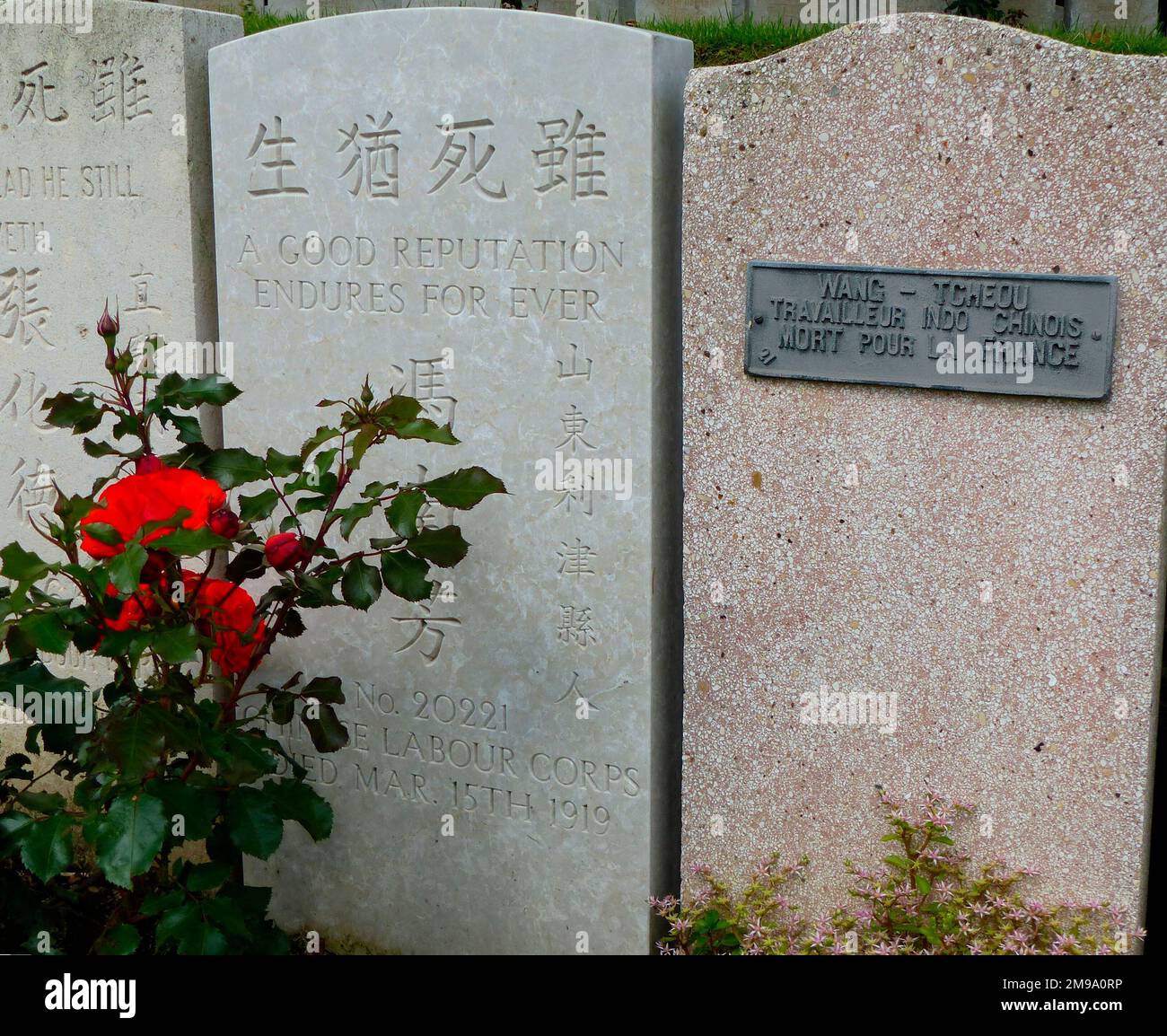 Chinese headstones, Longuenesse Souvenir CWGC Cemetery Stock Photo