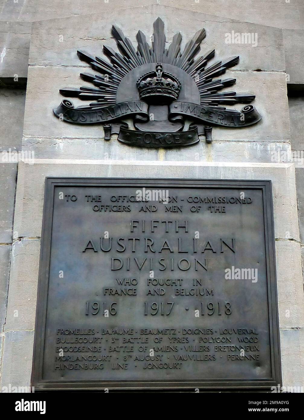 Australian 5th Division Memorial, plaque detail, Polygon Wood Stock Photo