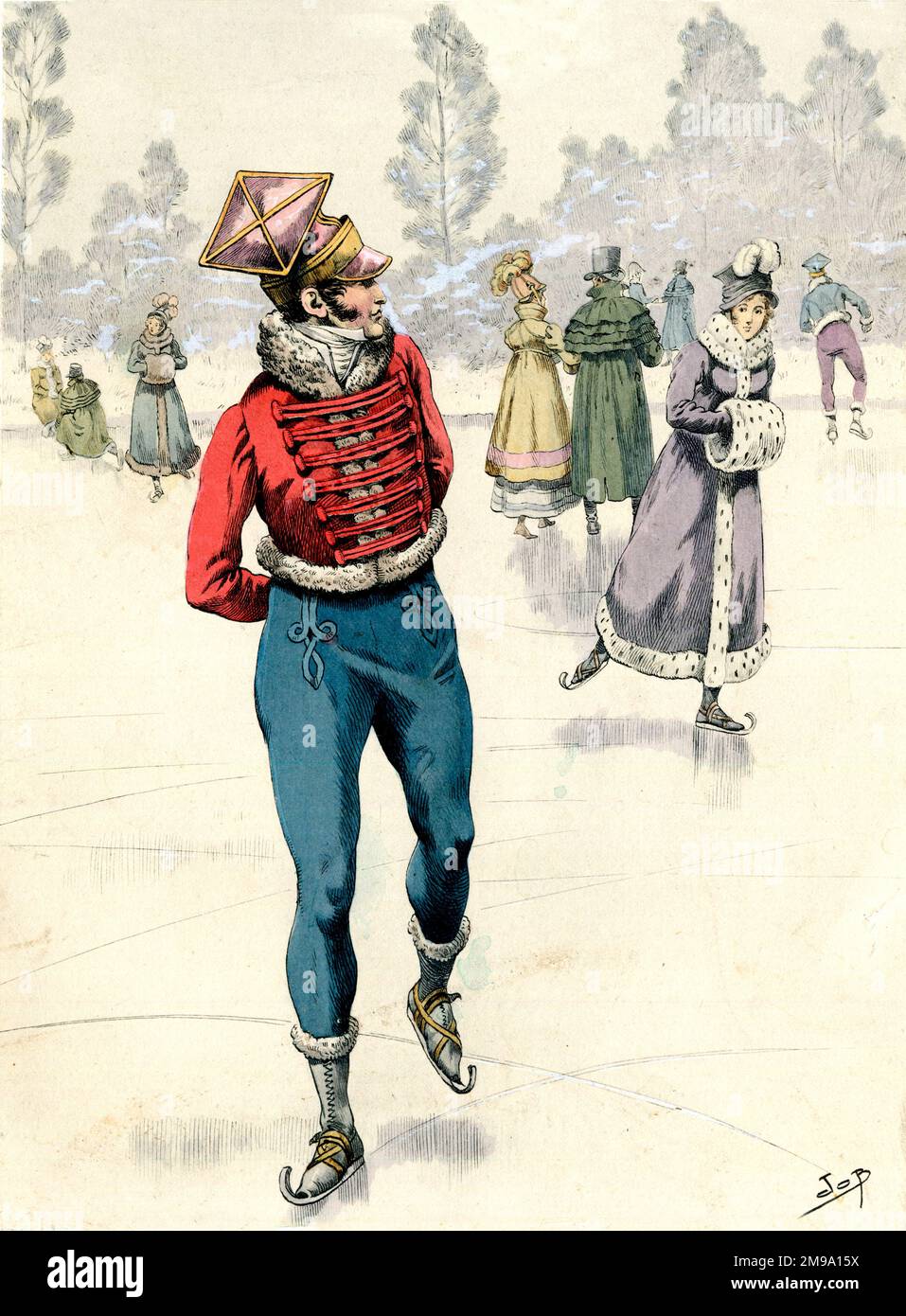 19th Century Ice Skating, German Soldier trying to impress Lady Skater Stock Photo