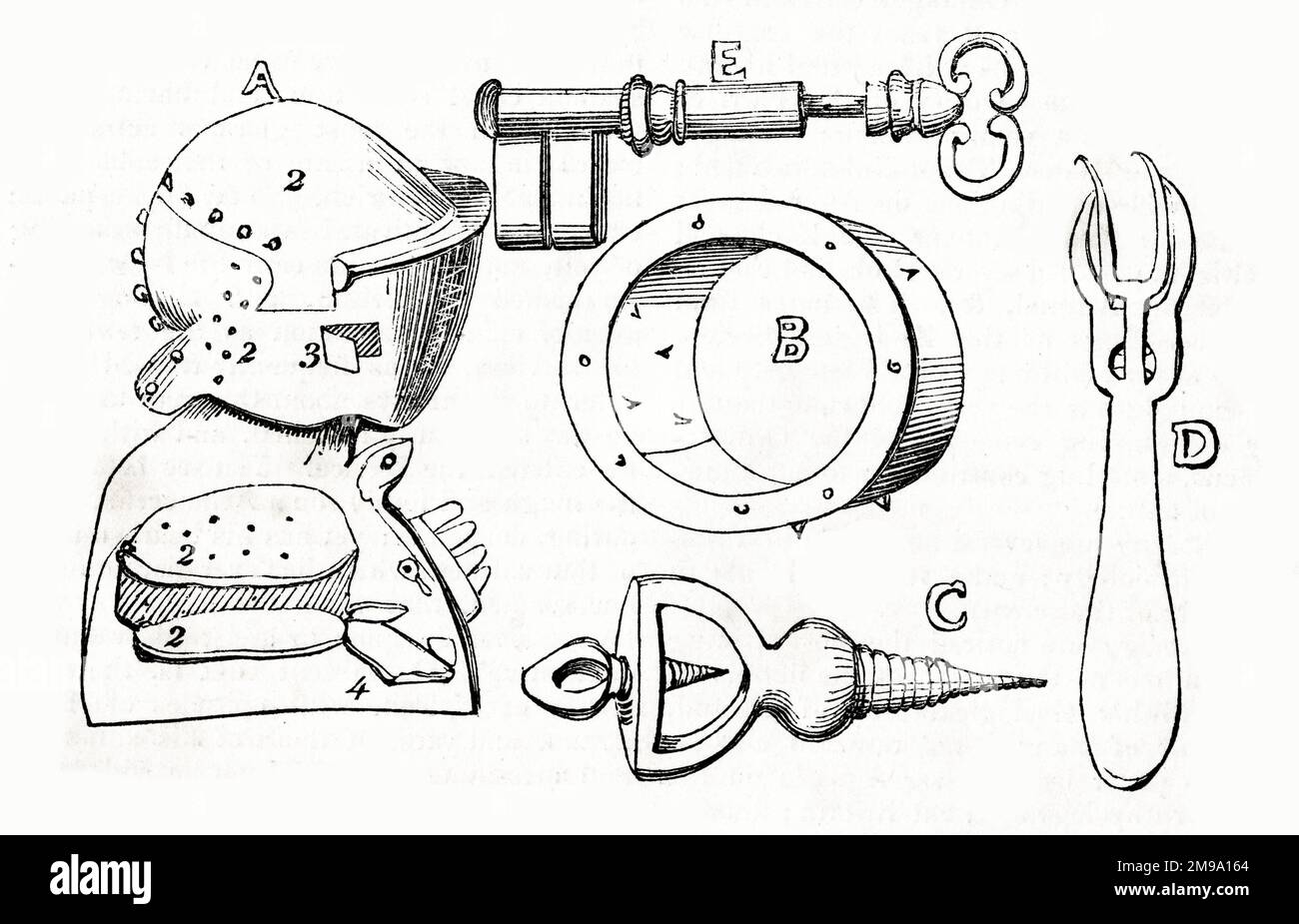 Instruments of Torture used in Venice Prison - A. Iron Helmet, B. Iron collar, C. Thumb Screw, D. Pincers, E. Poisoned Stiletto in Key. The Mirror magazine March 1836. Stock Photo