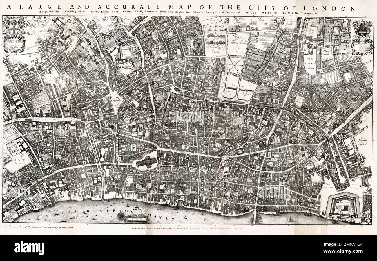 Map of the City of London by John Ogilby 1676. Ogilby (also Ogelby, Oglivie - 1600–1676) was a Scottish translator, impresario and cartographer. Best known for publishing the first British road atlas, he was also a successful translator, noted for publishing his work in handsome illustrated editions. Stock Photo