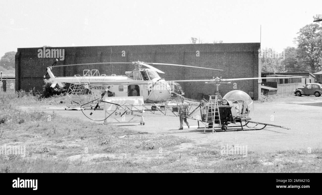 Westland Whirlwind Series 1 G-ANFH (msn WA15) at Gatwick. Built 1953 and delivered from Yeovil to Gatwick on 2 November 1954 for British European Airways. To BEA Helicopters 6 April 1964 ; to Autair Helicopter Services Limited on 3 February 1969 ; to Bristow Helicopters Ltd. 18 April 1969 and withdrawn from use on 2 September 1977. To Helicopter Museum Weston-Super-Mare.Featured in the closing scenes of The Beatles film A Hard Days Night and in You Must Be Joking  in the scene where Denholm Elliot escapes from the maze.             Bell 47B-3 (msn 73) G-AKFN registered to BEA on 11 September Stock Photo