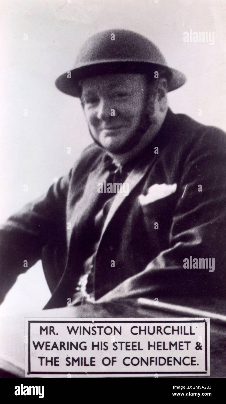 Churchill wearing tin hat, Publisher Photochrom. British Stock Photo