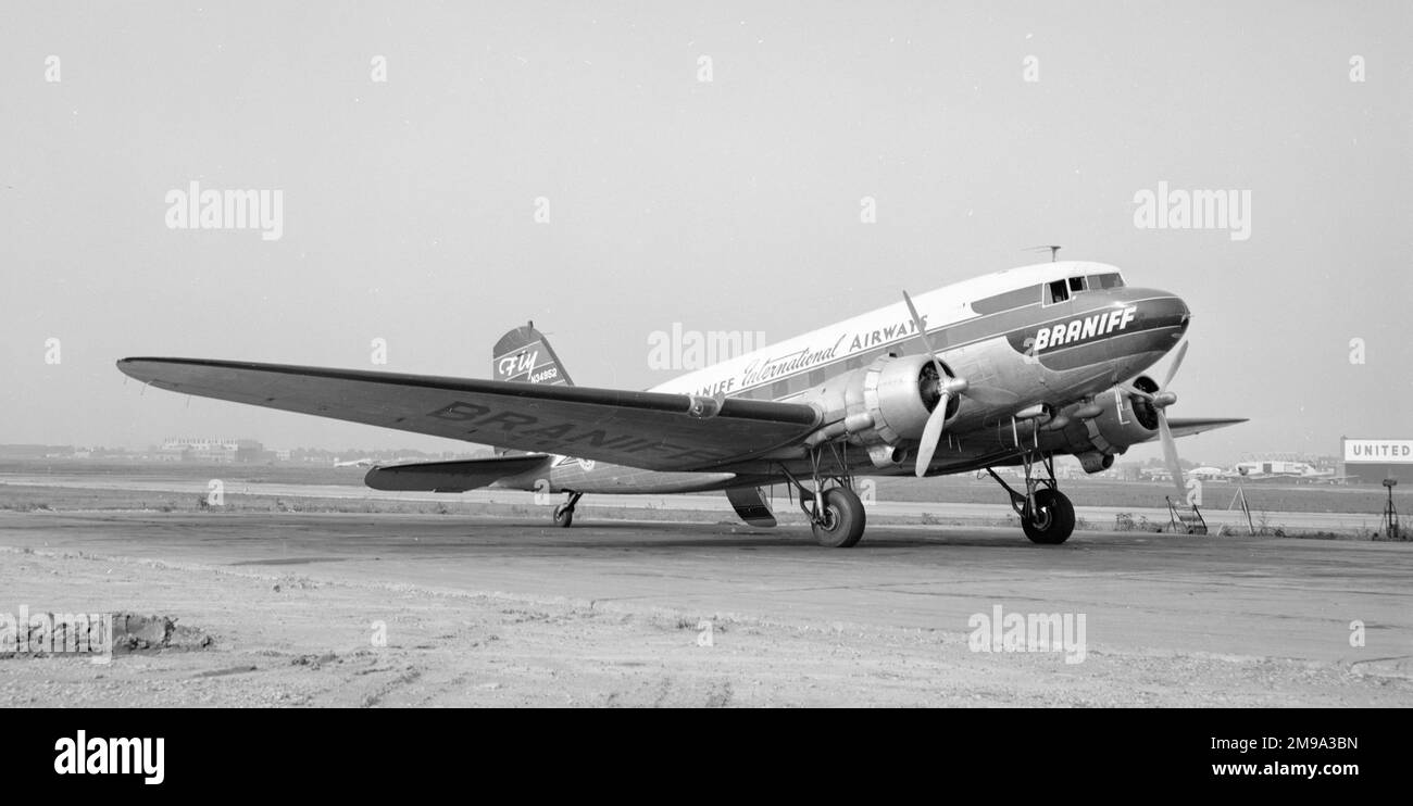 Douglas DC-3A N34952 (msn 6345) of Braniff International Airways. After being impressed into the United States Air Force during the war N34952 was restored to the civil register and acquired by Braniff International Airways based at Dallas, Texas. Stock Photo