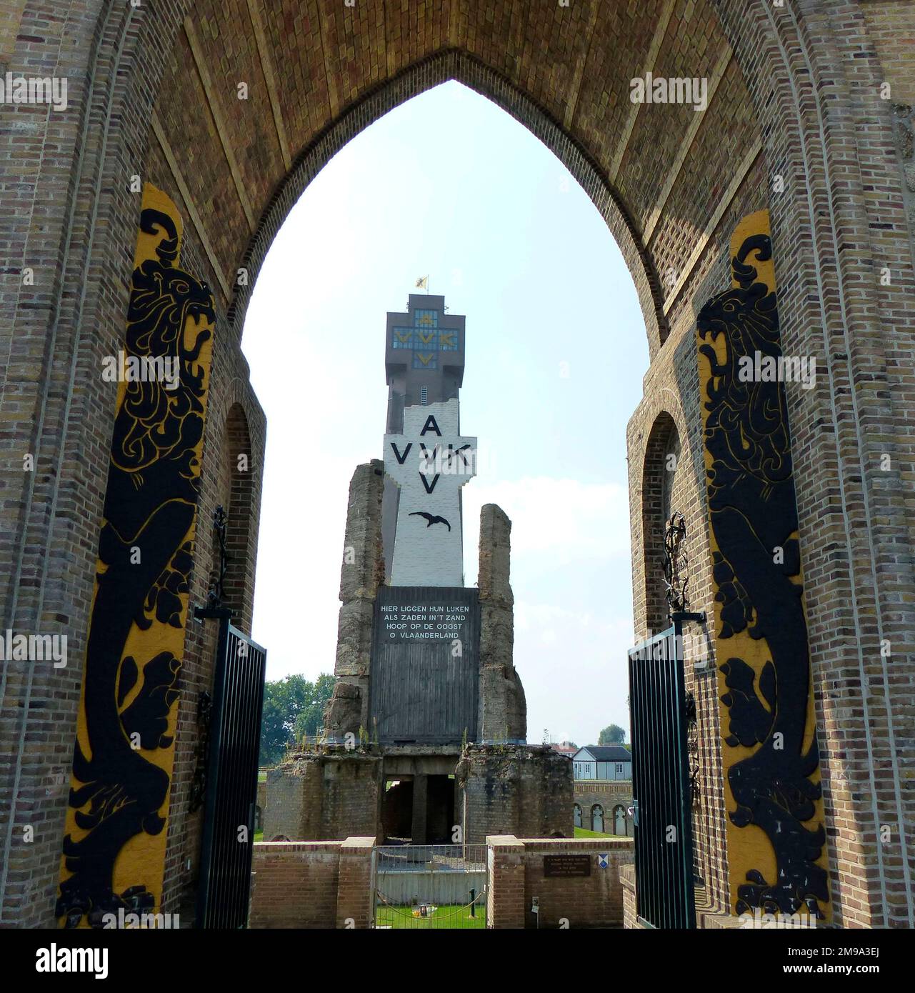 Listed as an International Peace Centre, the Tower is a symbol of Flemish Nationalism which came to a head during the First World War. The Towers history goes back to the 18th Century. The letters AVVVK on the Tower stand for Alles Voor Vlanderen. Vlanders Voor Kristus - All for Flanders. Flanders for Christ. The Celtic Cross headstones in the Tower grounds carry the AVVVK symbol and were designed by the Flemish artist Joe English. The Tower has different exhibitions on different floors and there are marvellous views over the whole countryside from the top. Stock Photo