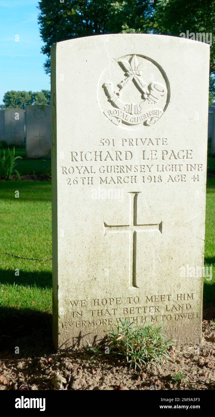 Le Page, who was 42 years old, was in the Royal Guernsey Light Infantry. He is buried in Vlamertinghe New Military Cemetery. The Regiment was formed at the end of 1916 from the Guernsey Militia. Stock Photo
