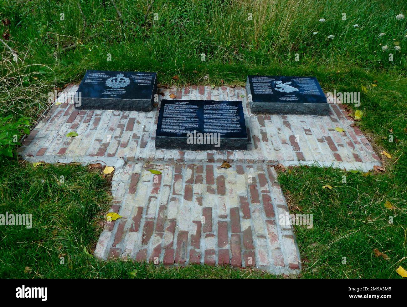 Three flat black marble plaques mark the part played by the 3rd Canadian Division, the 4th Canadian Mounted Rifles and the 3rd (Toronto) Battalion in actions around Vine Cottage and Wolfe Copse during the 2nd Battle of Passchendaele. They were inaugurated in June 2014. Stock Photo