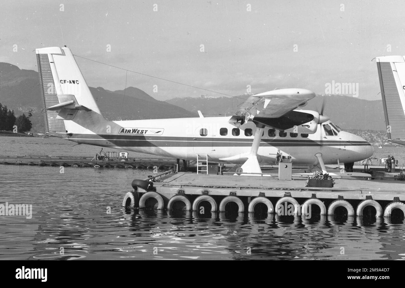 de Havilland Canada DHC-6 Twin Otter Series 100 CF-AWC (msn 108), of AirWest Airlines at Richmond, British Columbia. First flown on 4 March 1968, CF-AWC crashed and was destroyed by fire, at Northern Rockies Lodge, Muncho Lake, BC., on 8 July 2007, with one fatality and four injuries. Stock Photo
