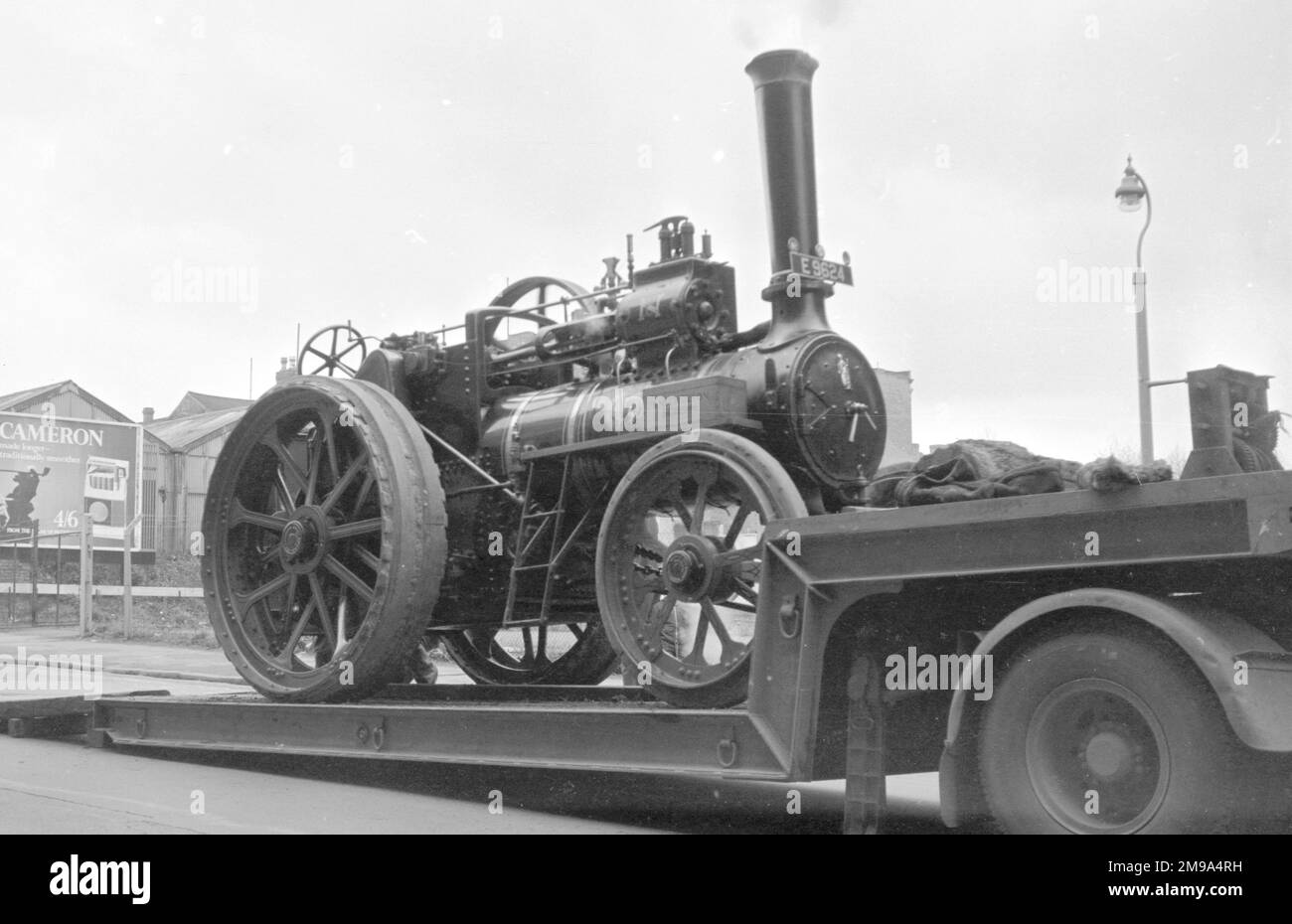 At a traction engine rally outside the Museum of Science and Technology on Newhall Street, Birmingham:- Loaded on the flat bed trailer for the trip home is Marshall General Purpose Engine, regn. E 9624, number 78085, Henry. Built in 1924 by Marshall, Sons & Co., with a 7 Nhp single-cylinder steam engine. Stock Photo