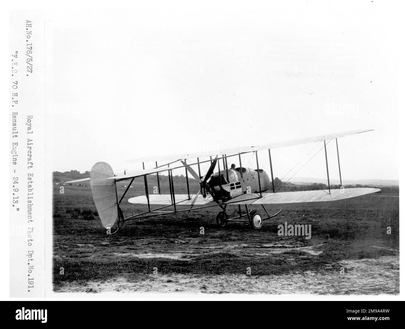 Royal Aircraft Factory F.E.2, powered by an air-cooled 70hp Renault V-8 engine, (R.A.F. - Royal Aircraft Factory), (F.E. - Farman Experimental). This was the second F.E.2, with revised tail surfaces and the outer wings copied from the B.E.2. Neither of the two F.E.2s were fitted with fins, which, unsurprisingly led to instability in yaw, which brought about its end on 23 February 1914, when it span to the ground killing Ronald Kemps passenger. Stock Photo