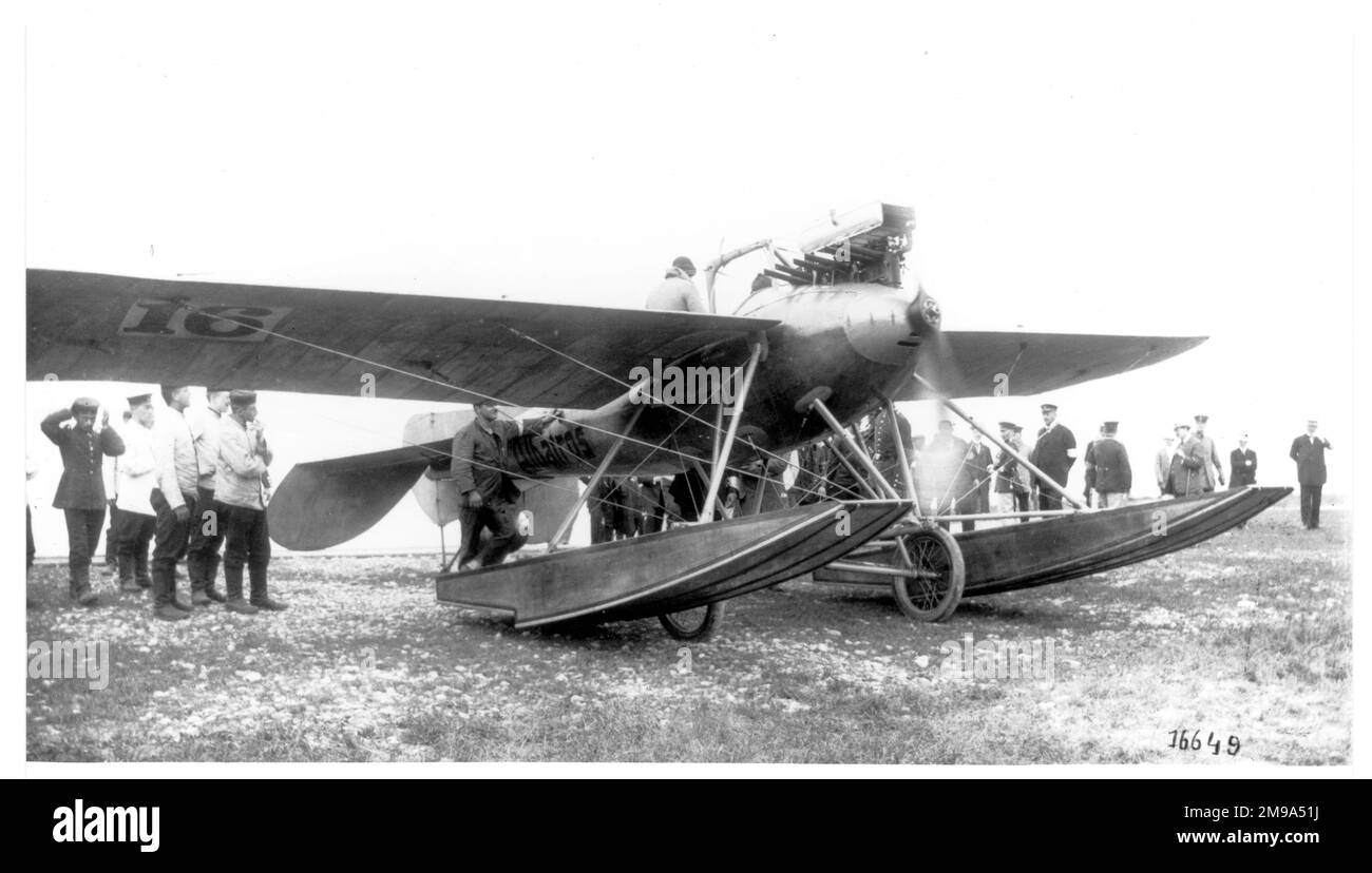Albatros WRE.1 16 amphibian monoplane at Bodensee. The third RE.1 monoplane, powered by a 100PS Mercedes D.I, 6-cylinder in-line engine, was fitted with floats to make it amphibious, but the wheels did not retract, entering the water on alighting. (Metric horsepower (PS, cv, hk, pk, ks, ch) 1PS= 0.986hp) Stock Photo