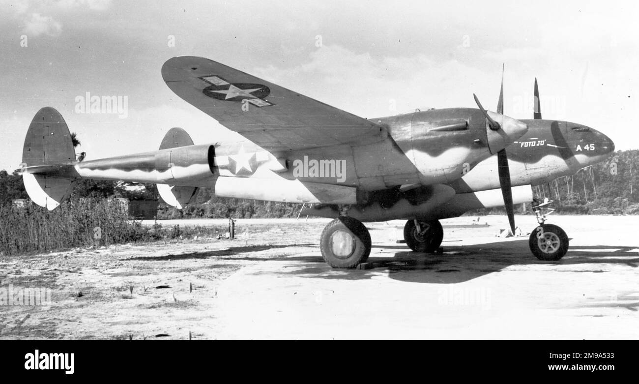 United States Air Force - Lockheed F-4-1-LO Lightning 41-2145 Foto Jo, call-sign A45, of the 9th Photo Reconnaissance Squadron / 8th Photographic Reconnaissance Group at Barrackpur, India. Missing in Action 29 September 1944. (Lockheed Model 222-62-13) Of note are the machine gun barrels pointing from the nose. The consensus of opinion, among those that know, is that they were dummies, as the considerable vibrations from firing the guns would very rapidly render the cameras useless, (the main reason why reconnaissance aircraft were usually unarmed). (Note: The note with the negative refers t Stock Photo