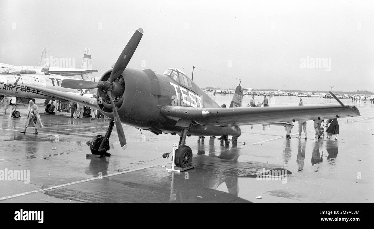 United States Navy - Grumman F6F-3 Hellcat 42874, NACA 158, of the National Advisory Committee for Aeronautics (NACA) at Moffett Naval Air Station. (Grumman G-50) 42874 was assigned to NACA Ames Aeronautical Laboratory, NAS Moffett Field, CA, which later became the NASA Ames Research Centre from 22 June 1945 until 9 September 1960 as NACA 158, for variable stability research. In 1948, the aircraft was modified by Ames engineers to become the worlds first variable stability aircraft. Used for generalized studies of lateral-directional flying qualities criteria and as an in-flight simulator fo Stock Photo