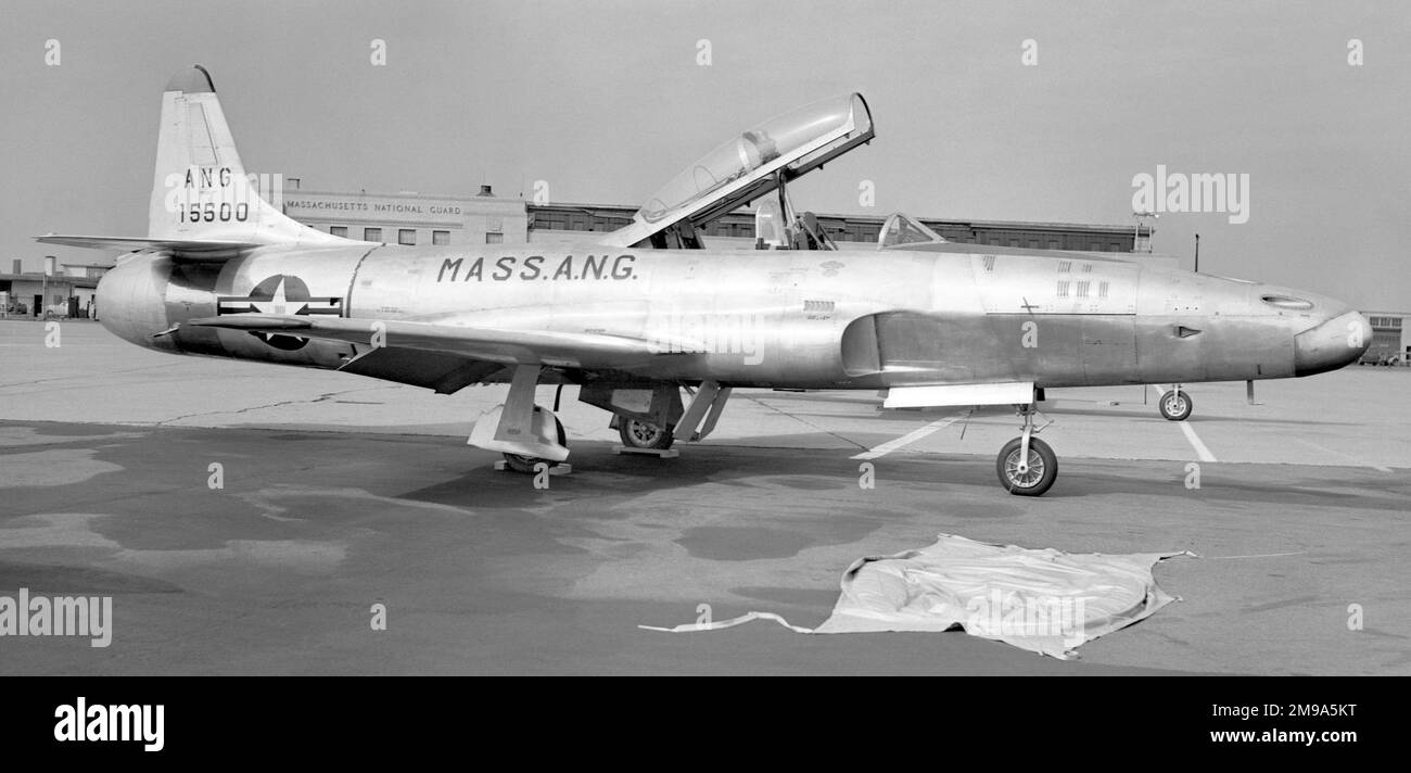 Massachusetts Air National Guard - Lockheed YF-94B-5-LO Starfire 51-5500 (msn 780-7453) of the 101st Fighter Interceptor Squadron (FIS), with experimental long nose to fit eight 0.5in machine guns ; the intended gun armament of the F-94D, which was cancelled. Stock Photo