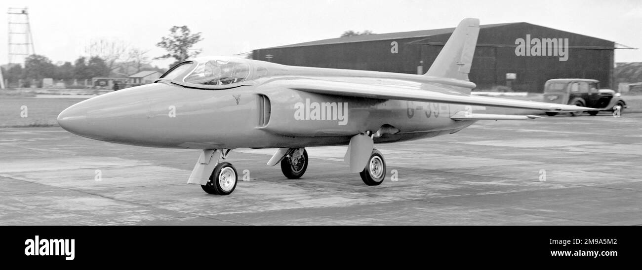 Folland Fo.139 Midge G-39-1, taxiing for take-off at Chilbolton, Follands flight test base. First flown at Boscombe Down on 11 August 1954, the Midge was used to demonstrate the feasibility of W.E.W. Petters design concept for a lightweight fighter. Despite having less than half the power of its Gnat stablemate the Midge could exceed Mach 1 in a dive. Pilots from several air forces flew the Midge and it was on a demonstration flight by a Swiss Air Force pilot that the Midge met its end on 26 September 1955, taking the unfortunate pilot with it. Stock Photo