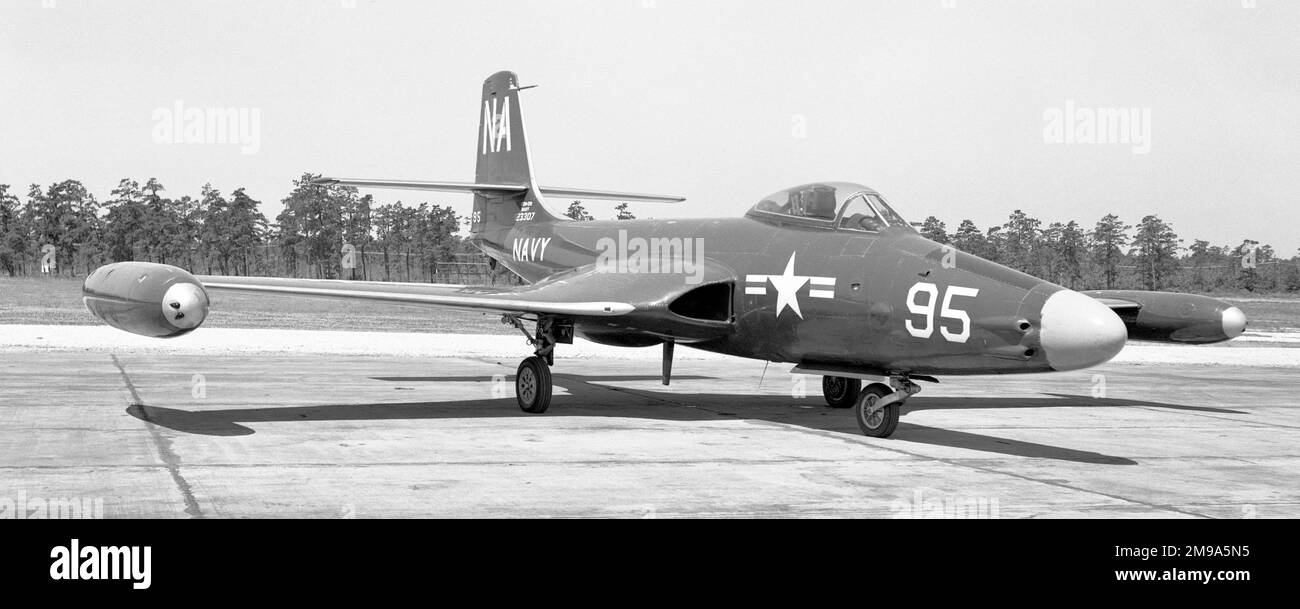 United States Navy - McDonnell F2H-2N Banshee 123307 (msn 170, unit code NA:, call-sign 95) of VC-4. The F2H-2N was a single-seat night-fighter with an AN-APS-19 radar in the nose. Transferred to VF-82 in1954 and crashed into the sea after take-off from USS Lake Champlain on 16 August 1954. Stock Photo