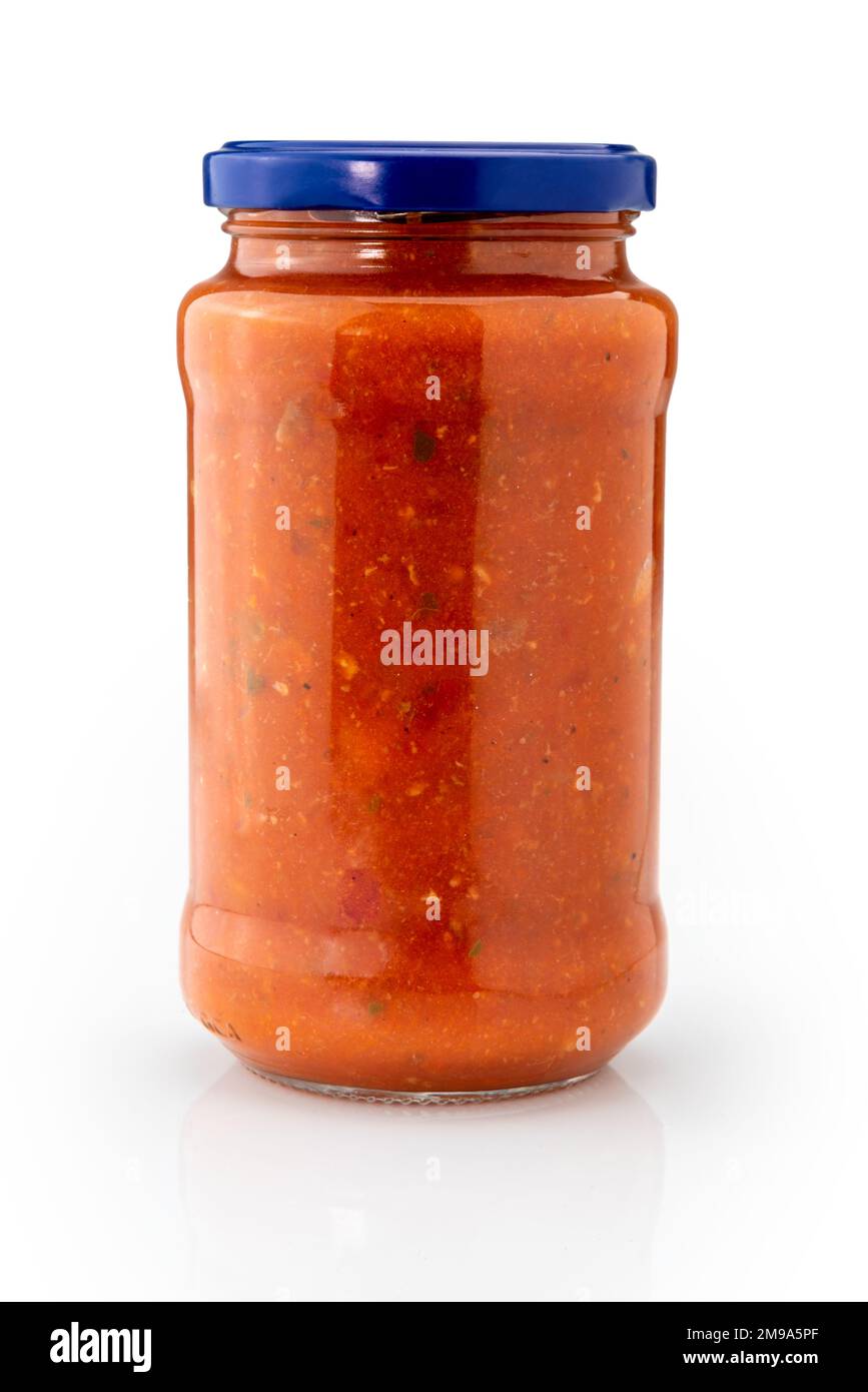 Glass jar of bolognese tomato sauce isolated on white, clipping path