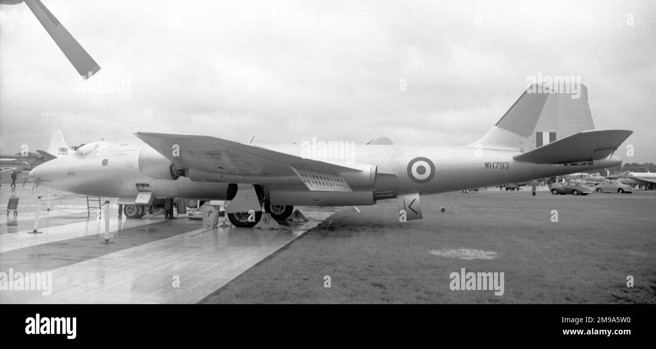 English Electric Canberra PR.7 (PR.9 prototype) WH793, at the 1955 SBAC Farnborough Air-show. A brand new PR.7 taken from the production line and converted by D. Napier and Sons Ltd., with increased chord centre-section and Rolls-Royce Avon 200-series engines. The wings had 3 ft 10 in increased span and 85sq ft more area. Flight testing of WH793 revealed that the service-ceiling fell short of the expected 65,000 ft+, due to unexpected drag rise at high altitude. Stock Photo