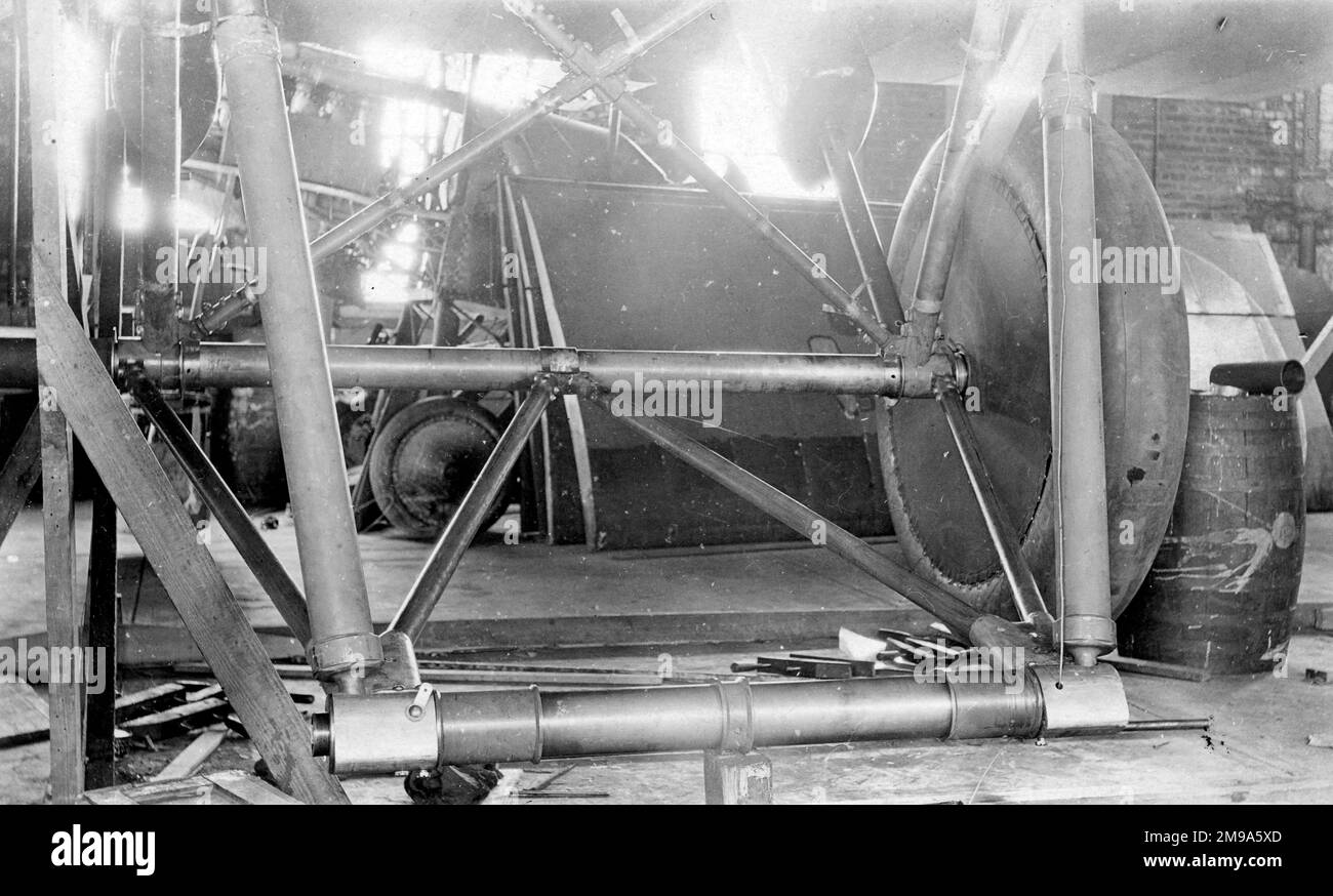 Main undercarriage unit of Engineering Division XNBL-1 AS64215, (also known as The Barling Bomber and Witteman-Lewis XNBL-1 and McCook Field Project P-303), during manufacture at Witteman-Lewis Co. Designed by Walter Barling, the XNBL-1 (NBL=Night Bombardment-Long distance) was a large triplane, powered by six 420hp Liberty L-12 engines, quad landing gear and four tails. Contracted to Witteman-Lewis Co for manufacture at Hasbrouck Heights, it was shipped by train, unsassembled, in sections, to Wright Field. First flown on 22 August 1923, it was only a few times before it was dismantled and s Stock Photo