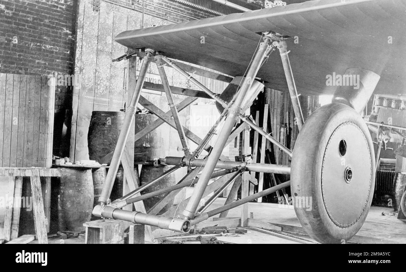 Main undercarriage unit of Engineering Division XNBL-1 AS64215, (also known as The Barling Bomber and Witteman-Lewis XNBL-1 and McCook Field Project P-303), during manufacture at Witteman-Lewis Co. Designed by Walter Barling, the XNBL-1 (NBL=Night Bombardment-Long distance) was a large triplane, powered by six 420hp Liberty L-12 engines, quad landing gear and four tails. Contracted to Witteman-Lewis Co for manufacture at Hasbrouck Heights, it was shipped by train, unsassembled, in sections, to Wright Field. First flown on 22 August 1923, it was only a few times before it was dismantled and s Stock Photo