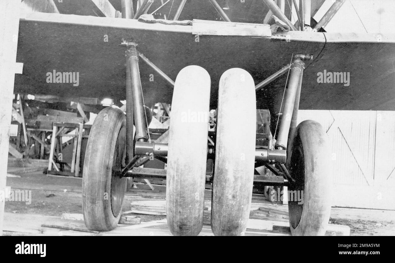 Main undercarriage unit of Engineering Division XNBL-1 AS64215, (also known as The Barling Bomber and Witteman-Lewis XNBL-1 and McCook Field Project P-303), during manufacture at Witteman-Lewis Co. Designed by Walter Barling, the XNBL-1 (NBL=Night Bombardment-Long distance) was a large triplane, powered by six 420hp Liberty L-12 engines, quad landing gear and four tails. Contracted to Witteman-Lewis Co for manufacture at Hasbrouck Heights, it was shipped by train, unsassembled, in sections, to Wright Field. First flown on 22 August 1923, it was only a few times before it was dismantled and s Stock Photo