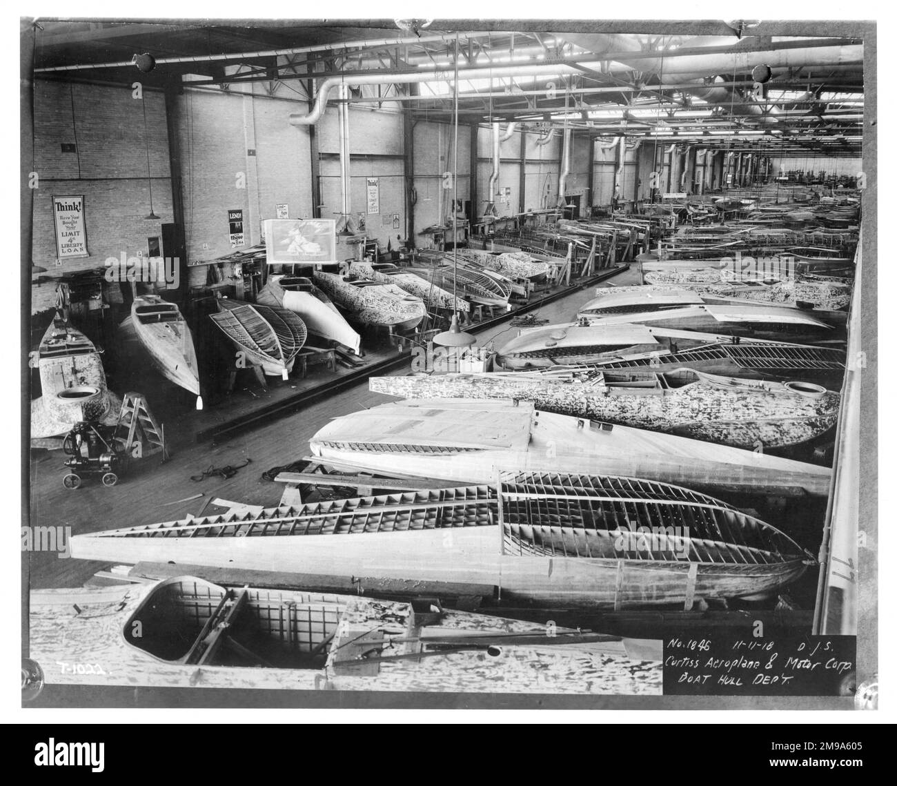 Curtiss Model 8 (HS series) hulls under construction in the Curtiss Aeropaklne and motor Corporation factory on Armistice Day. Stock Photo