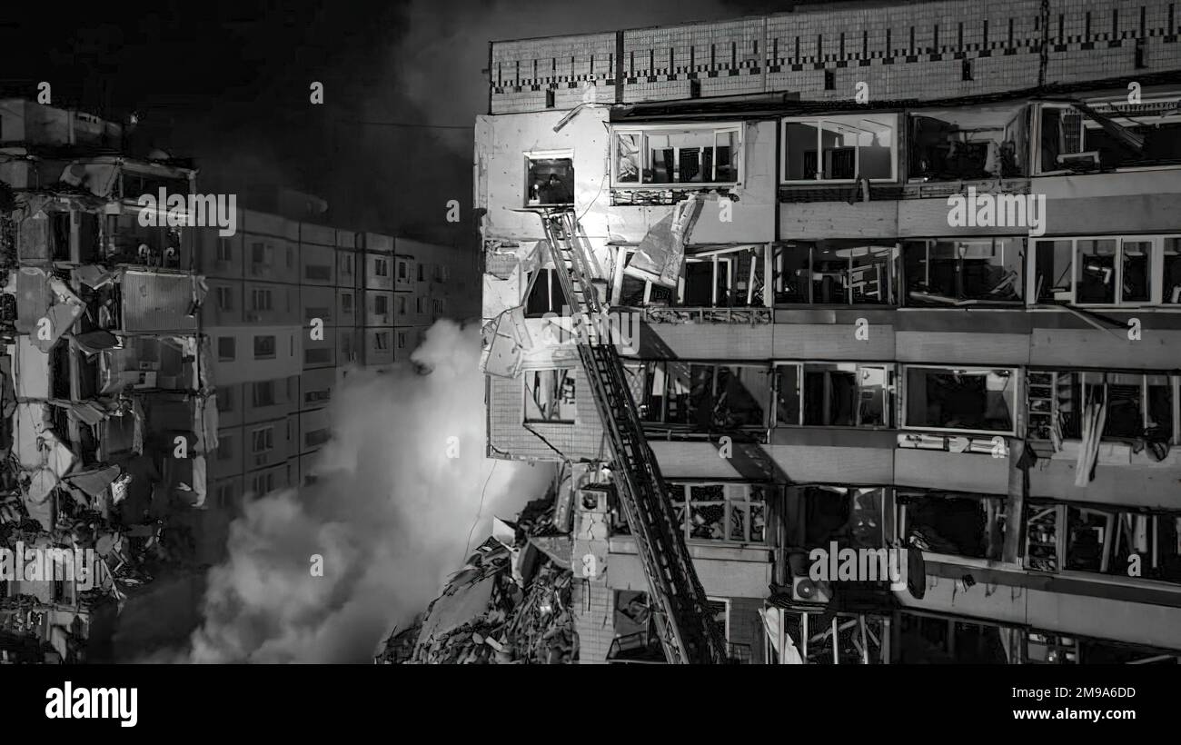 Brave rescuers of the State Emergency Service of Ukraine search through the rubble of an apartment building in Donipro, Ukraine in the aftermath of a Russian missile strike . Photo: State Emergency Service of Ukraine Stock Photo