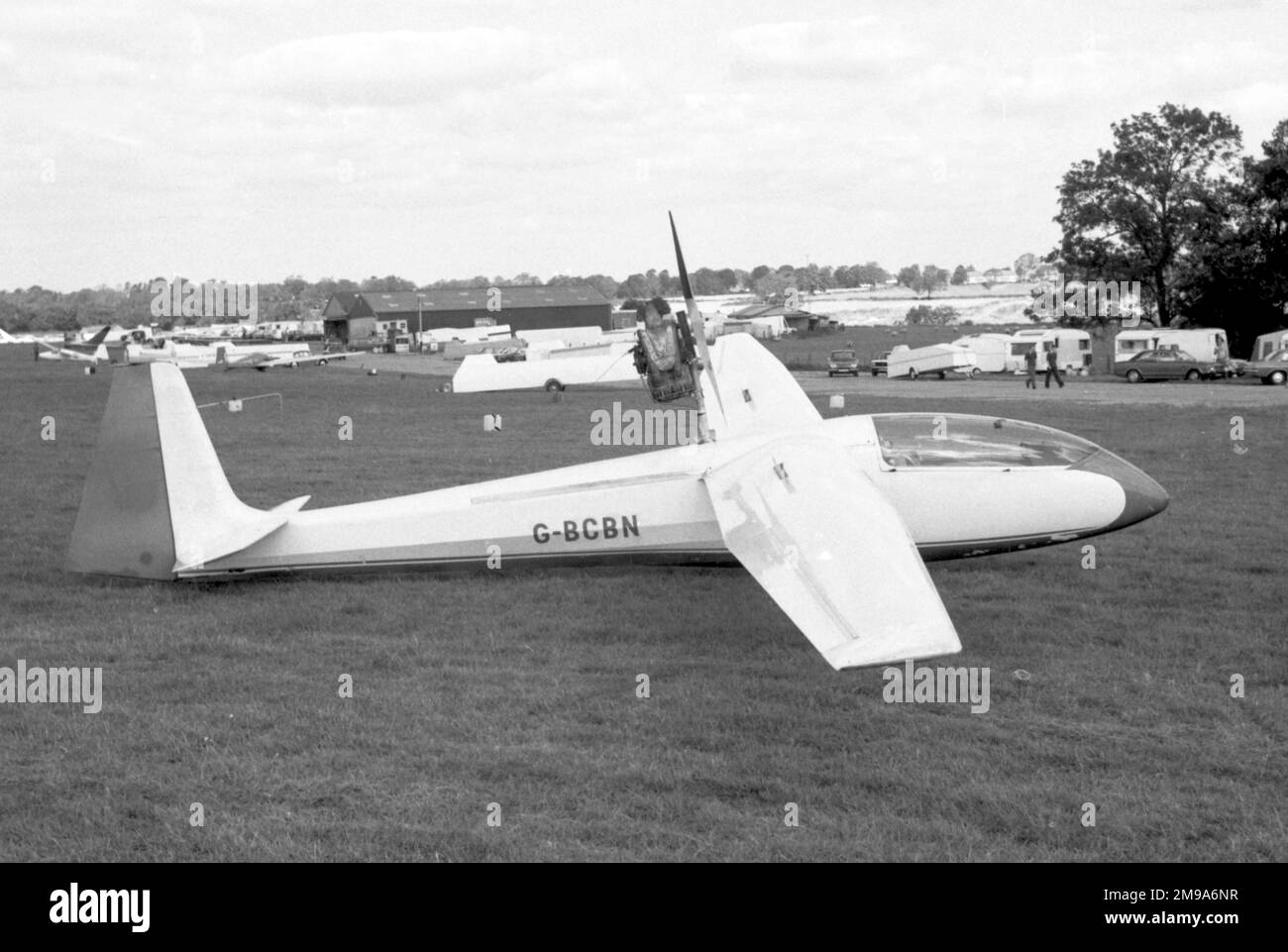 Scheibe SF-27M G-BCBN, single-seat medium-performance motor-sailplane with retractable engine, at Husbands Bosworth airfield during a UK National Gliding Competition. Stock Photo