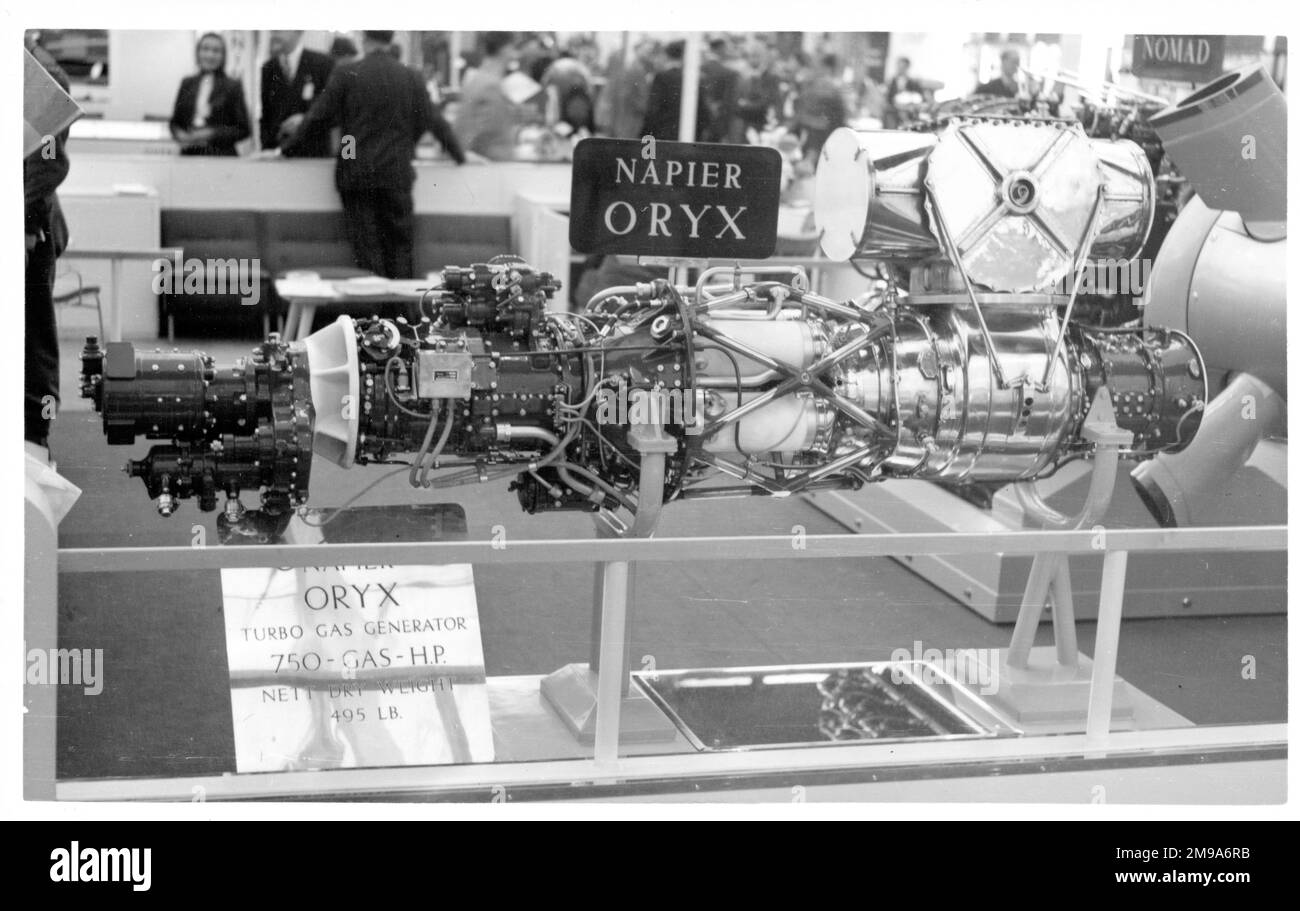Napier Oryx gas generator turbine engine on the D. Napier & sons stand at the 1954 SBAC Farnborough Air Show. The Oryx was designed to power the Percival P.74 helicopter rotor which was driven by compressed air jets at the rotor tips. Stock Photo