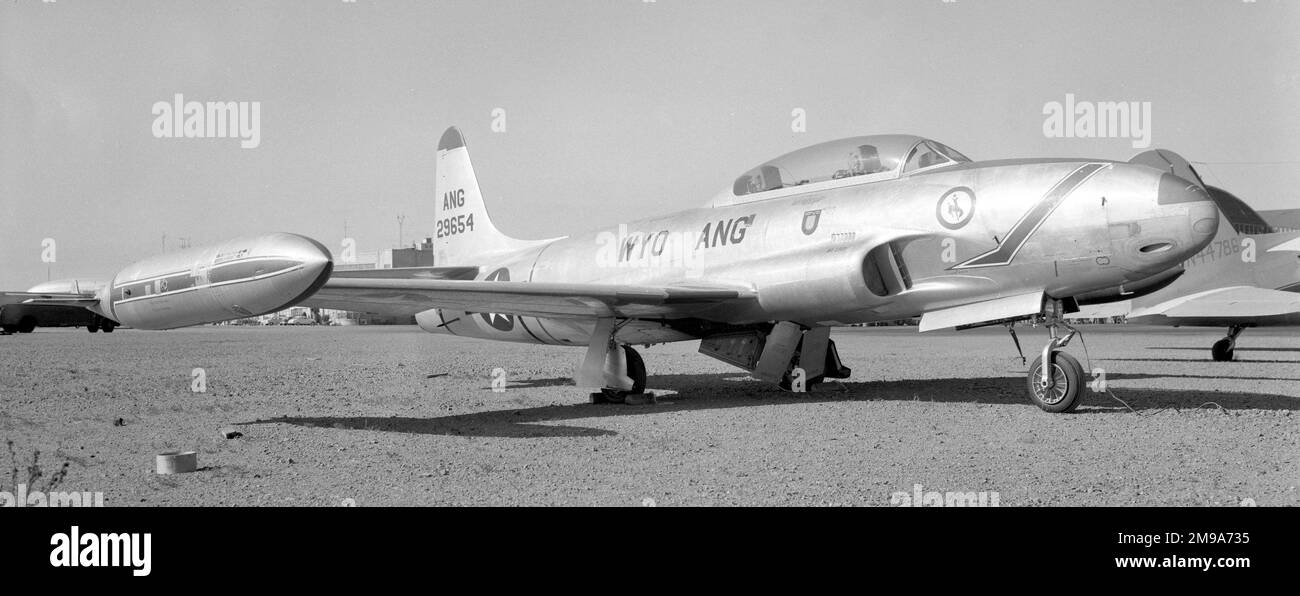 Wyoming Air National Guard - Lockheed T-33A-1-LO Shooting Star 52-9654 (msn 580-7839) of the 187th Fighter Interceptor Squadron *Wyoming ANG 187th FIS.*1-1970: Put into storage at the AMARC bone yard. 9-1971: Salvaged. Stock Photo