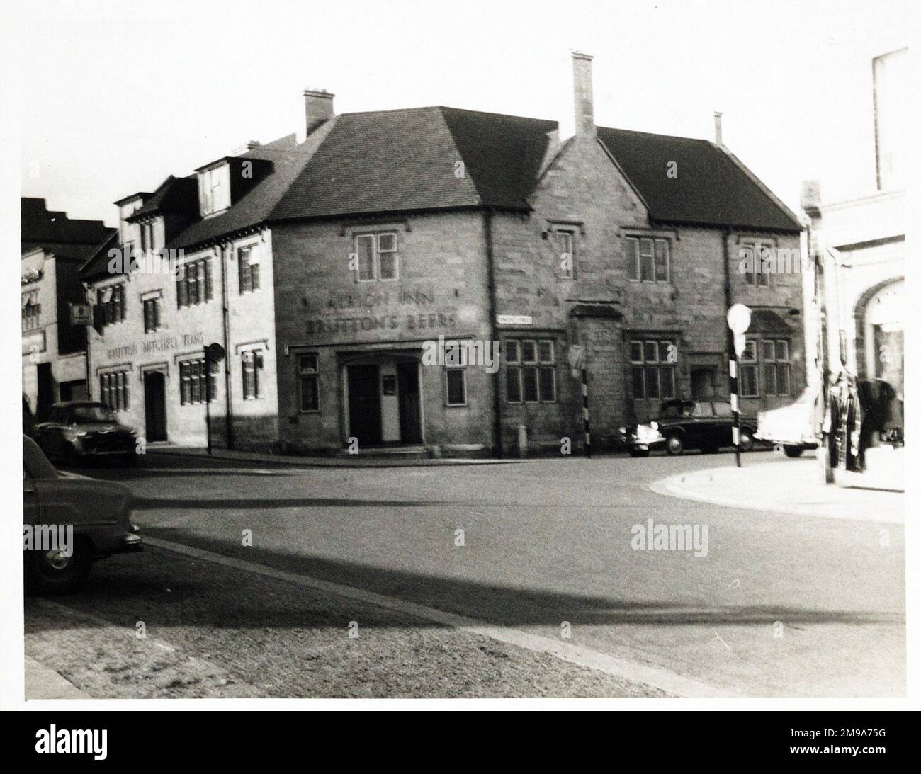 Photograph of Albion Inn, Yeovil, Somerset. The main side of the print (shown here) depicts: Corner on view of the pub.  The back of the print (available on request) details:  Publican ID for the Albion Inn, Yeovil, Somerset BA20 1EU. As of July 2018 . Area demolished for shopping mall. Vicarge Street ran between Silver Street and Middle Street Stock Photo