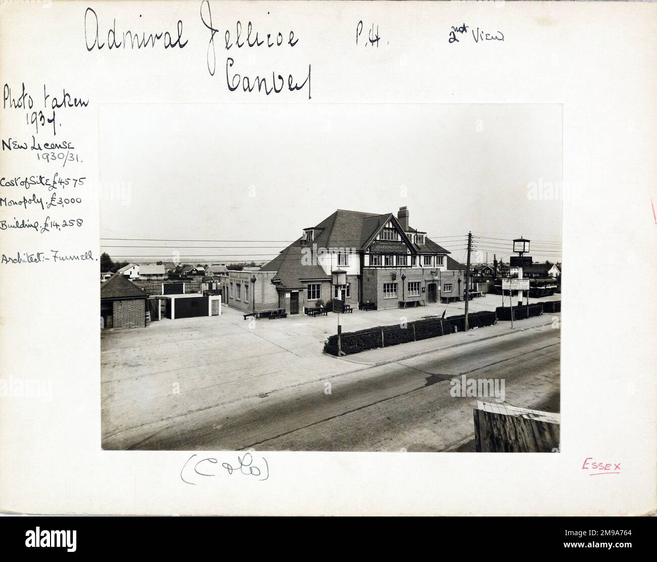 Photograph of Admiral Jellicoe PH, Canvey, Essex. The main side of the print (shown here) depicts: Distant Left Face on view of the pub.  The back of the print (available on request) details: Trading Record 1931 . 1941 for the Admiral Jellicoe, Canvey, Essex SS8 7RS. As of July 2018 . Re.opened 21-06-2014 . Enterprise Inns Stock Photo