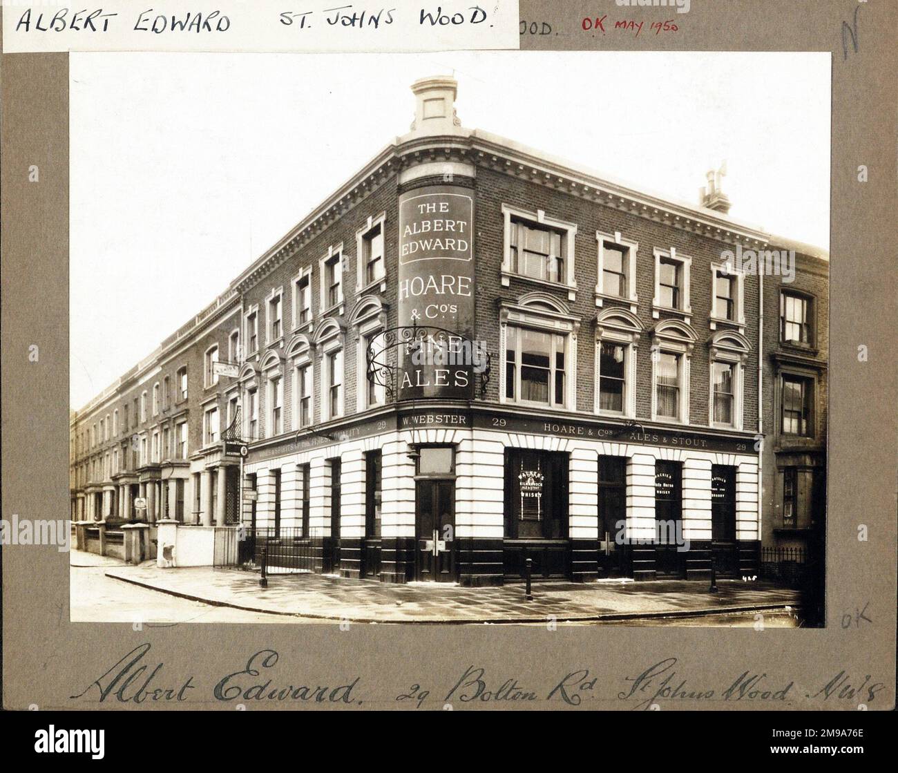 Photograph of Albert Edward PH, St Johns Wood, London. The main side of the print (shown here) depicts: Corner on view of the pub.  The back of the print (available on request) details:  Nothing for the Albert Edward, St Johns Wood, London NW8 0BA. As of July 2018 . Demolished Stock Photo
