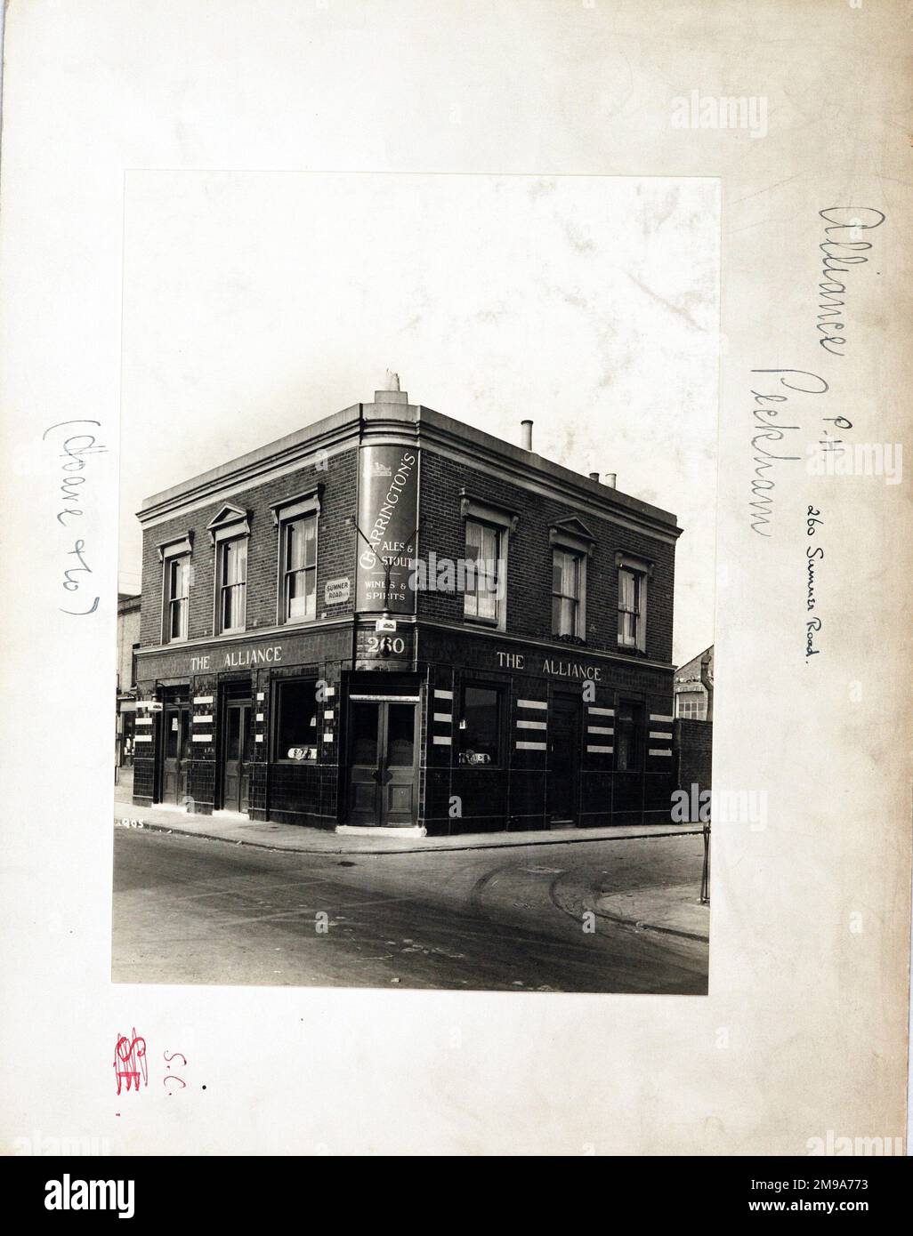 Photograph of Alliance PH, Peckham, London. The main side of the print (shown here) depicts: Corner on view of the pub.  The back of the print (available on request) details: Trading Record 1934 . 1961 for the Alliance, Peckham, London SE15 5QS . As of July 2018 . Now in residential use Stock Photo