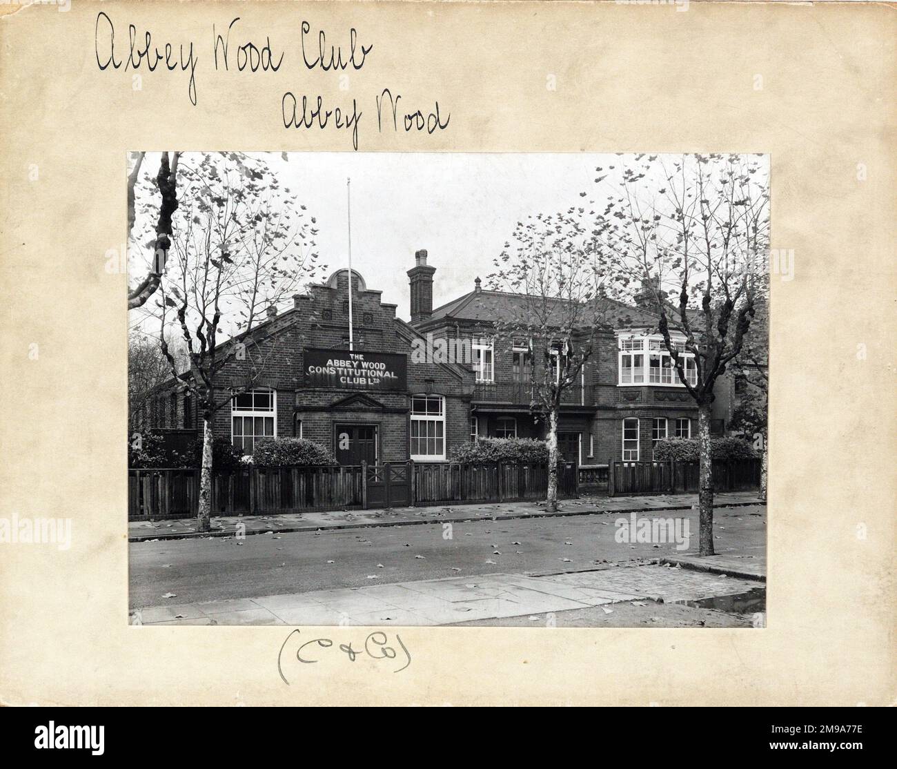 Photograph of Abbey Wood Club, Plumstead, London. The main side of the print (shown here) depicts: Left Face on view of the pub.  The back of the print (available on request) details: Trading Record 1925 . 1950 for the Abbey Wood Club, Plumstead, London SE2 9EX. As of July 2018 . Demolished . now a council nursery Stock Photo