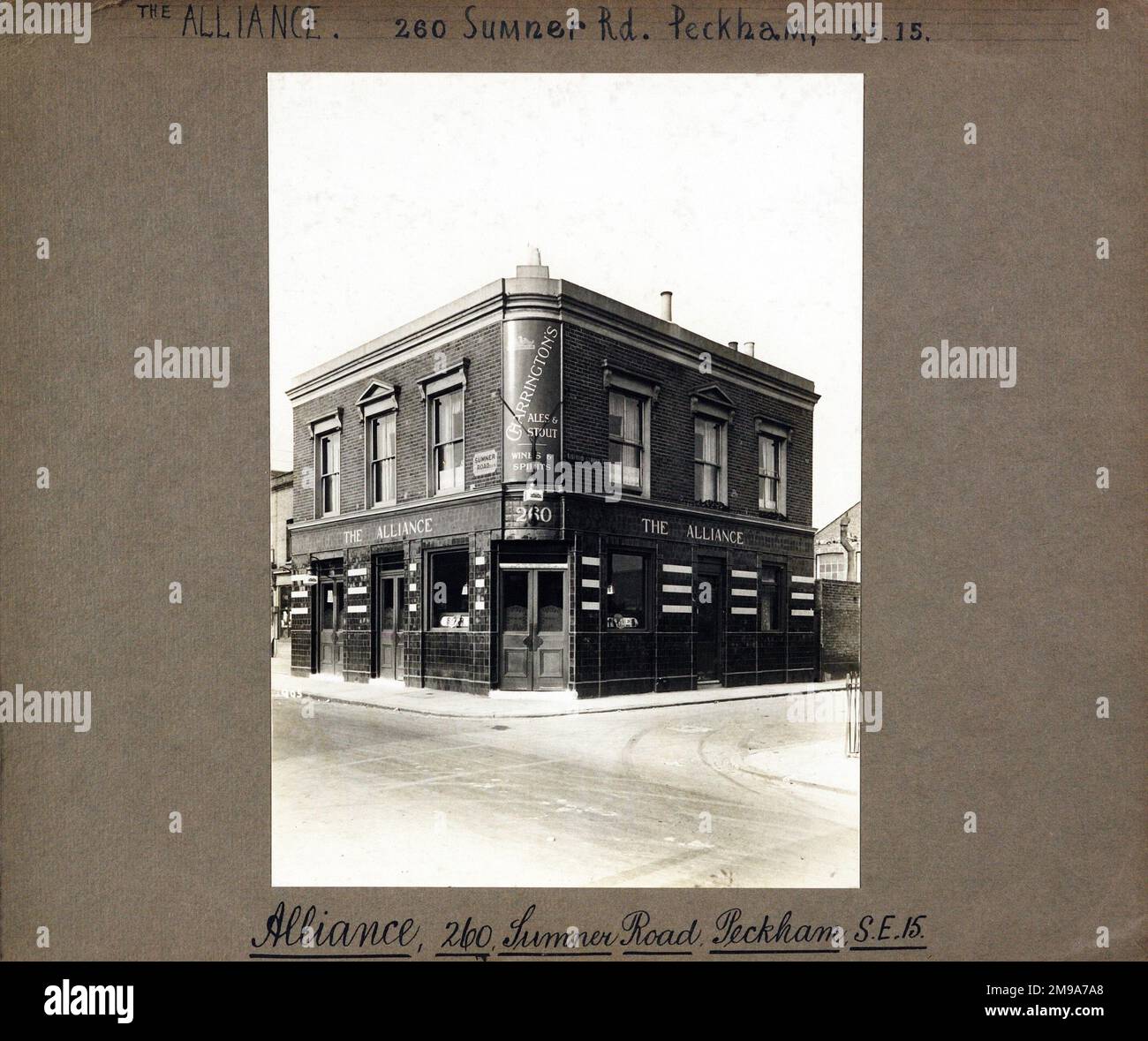 Photograph of Alliance PH, Peckham, London. The main side of the print (shown here) depicts: Corner on view of the pub.  The back of the print (available on request) details:  Nothing for the Alliance, Peckham, London SE15 5QS . As of July 2018 . Now in residential use Stock Photo