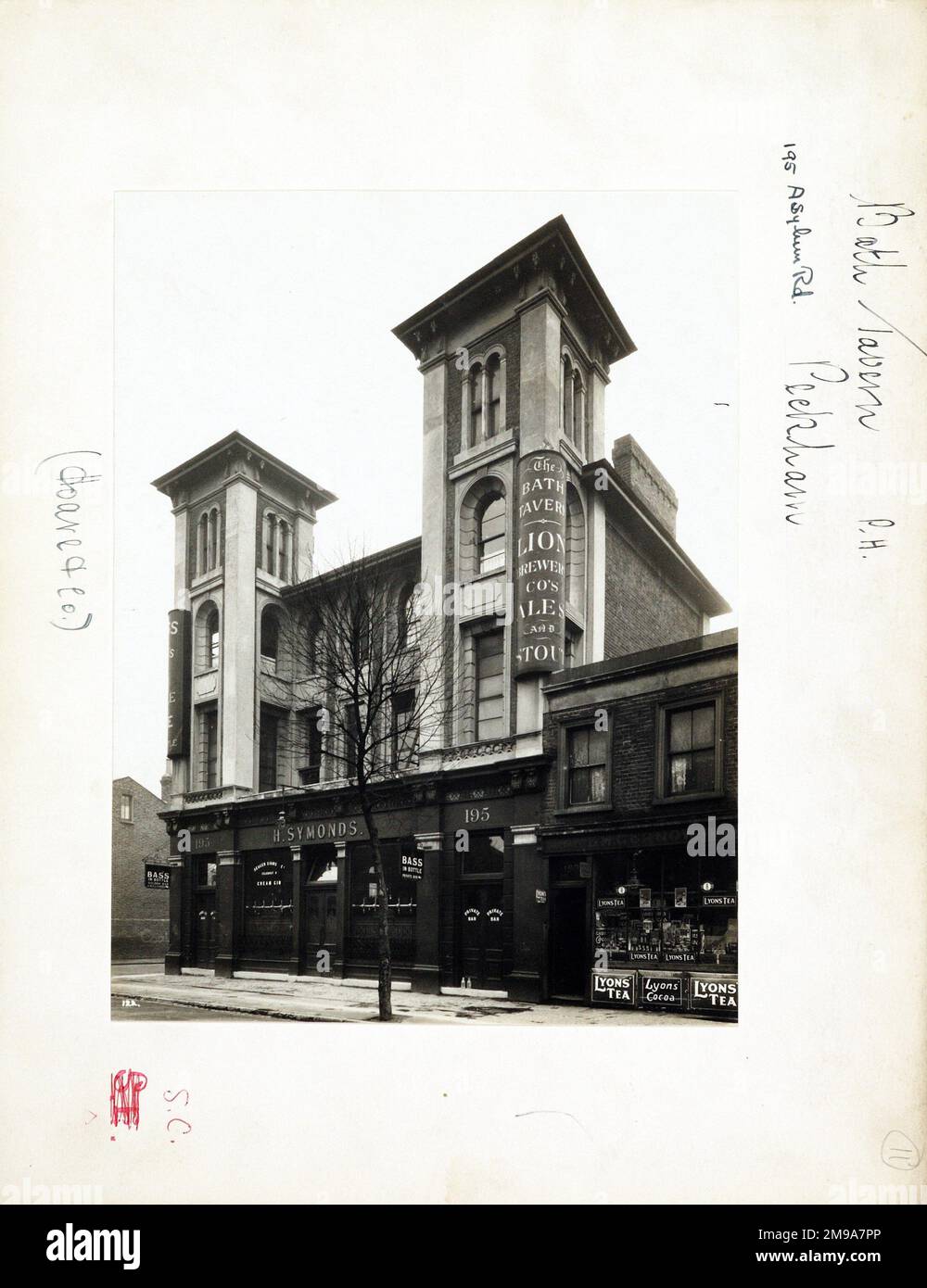 Photograph of Bath Tavern , Peckham, London. The main side of the print (shown here) depicts: Right Face on view.  The back of the print (available on request) details: Trading Record 1934 . 1961 for the Bath Tavern, Peckham, London SE15 2LW. As of July 2018 . Demolished Stock Photo