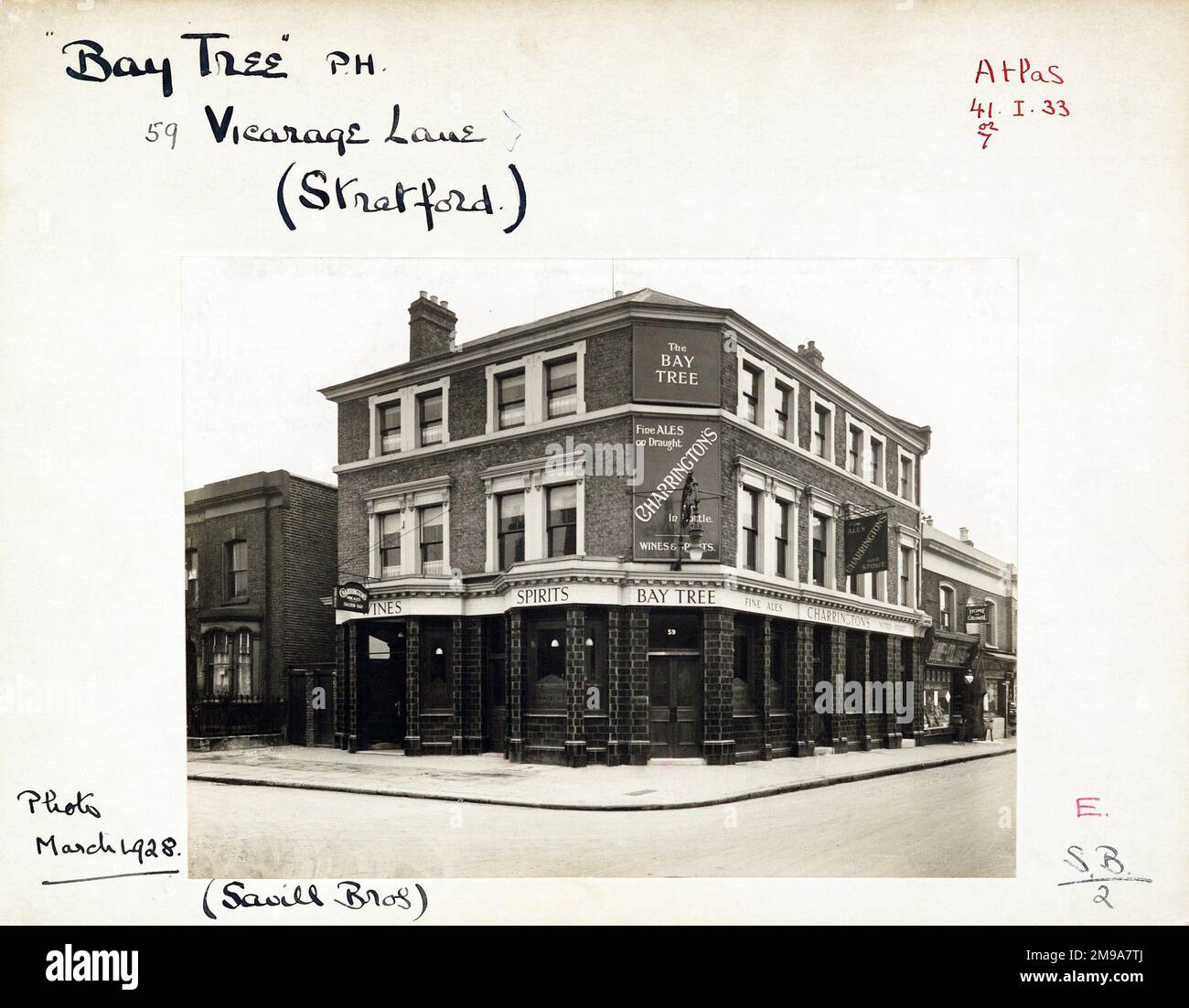Photograph of Bay Tree PH, Stratford, London. The main side of the print (shown here) depicts: Corner on view of the pub.  The back of the print (available on request) details: Trading Record 1924 . 1961 for the Bay Tree, Stratford, London E15 4HG. As of July 2018 . As of Nov 2013 this is a hotel, which means that the bar is only open to residents. Stock Photo