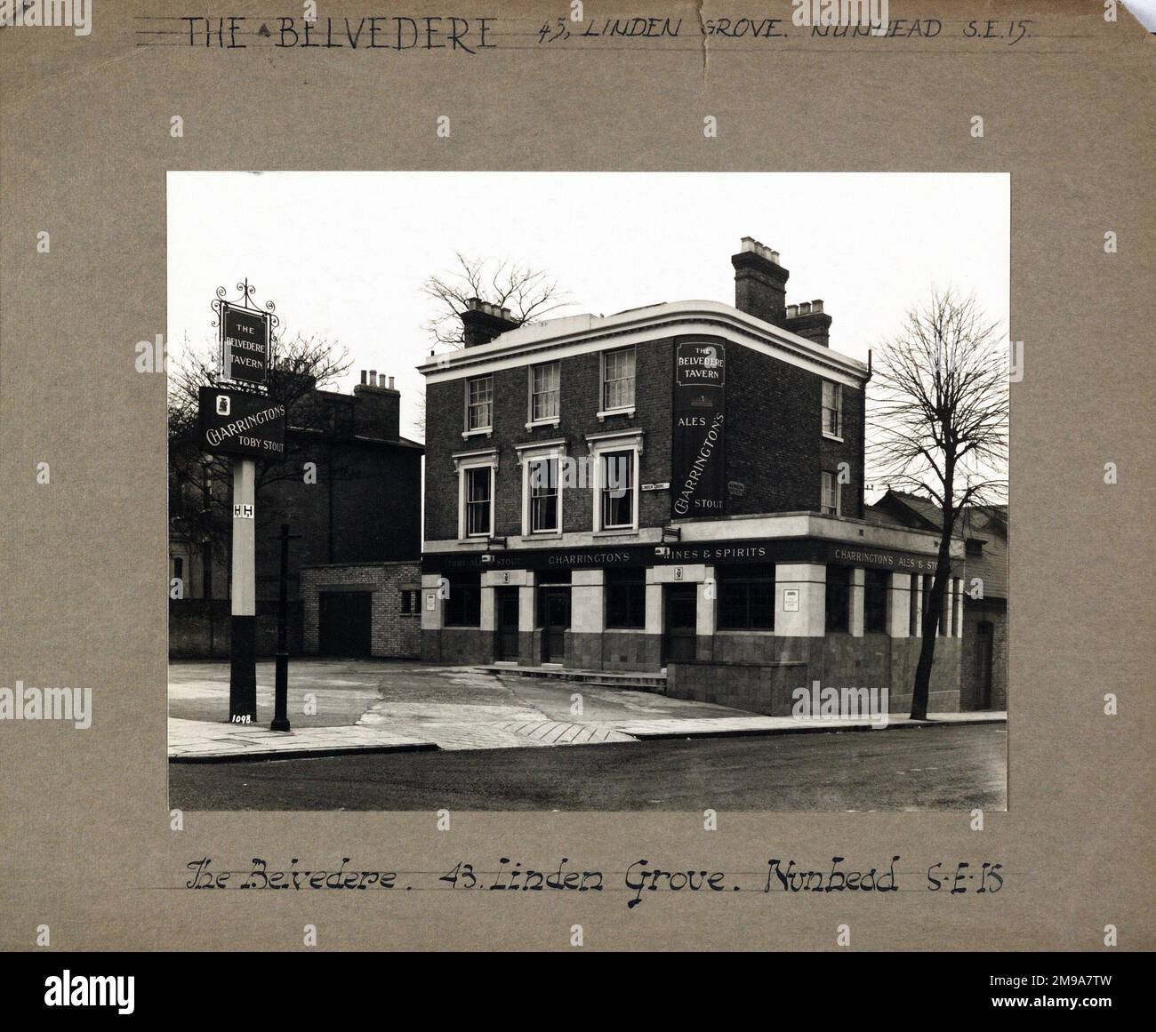 Photograph of Belvedere Tavern , Nunhead, London. The main side of the print (shown here) depicts: Right face on view of the pub.  The back of the print (available on request) details: Nothing for the Belvedere Tavern, Nunhead, London SE15 3LW. As of July 2018 . Demolished and 14 flats built. Stock Photo