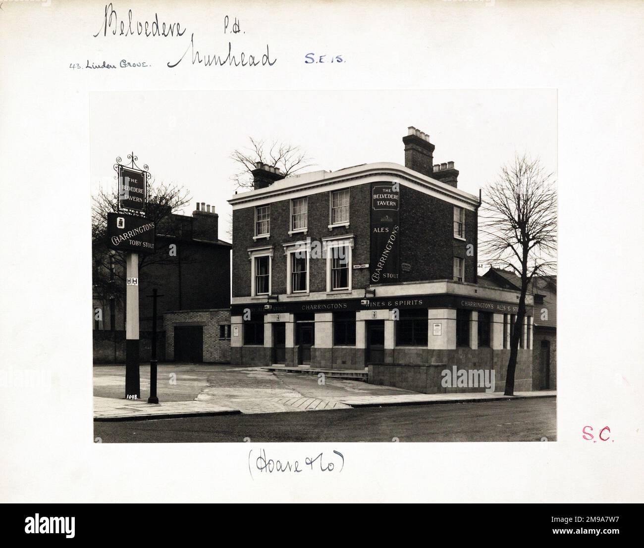 Photograph of Belvedere Tavern , Nunhead, London. The main side of the print (shown here) depicts: Right face on view of the pub.  The back of the print (available on request) details: Trading Record 1934 . 1961 for the Belvedere Tavern, Nunhead, London SE15 3LW. As of July 2018 . Demolished and 14 flats built. Stock Photo
