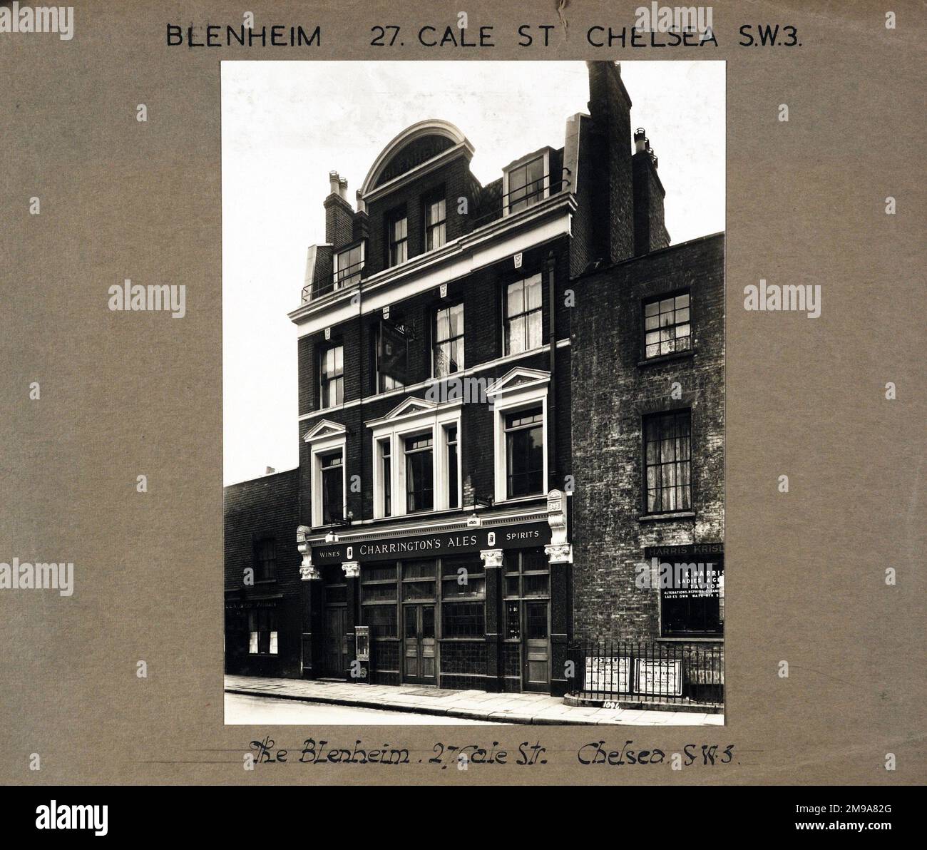 Photograph of Blenheim PH, Chelsea, London. The main side of the print (shown here) depicts: Right face on view of the pub.  The back of the print (available on request) details: Trading Record 1933 . 1961 for the Blenheim, Chelsea, London SW3 3QP. As of July 2018 . Originally Hall & Woodhouse. Closed 2003 becoming Tom's Kitchen in November 2006 opened by Michelin starred chef Tom Aikens. Stock Photo