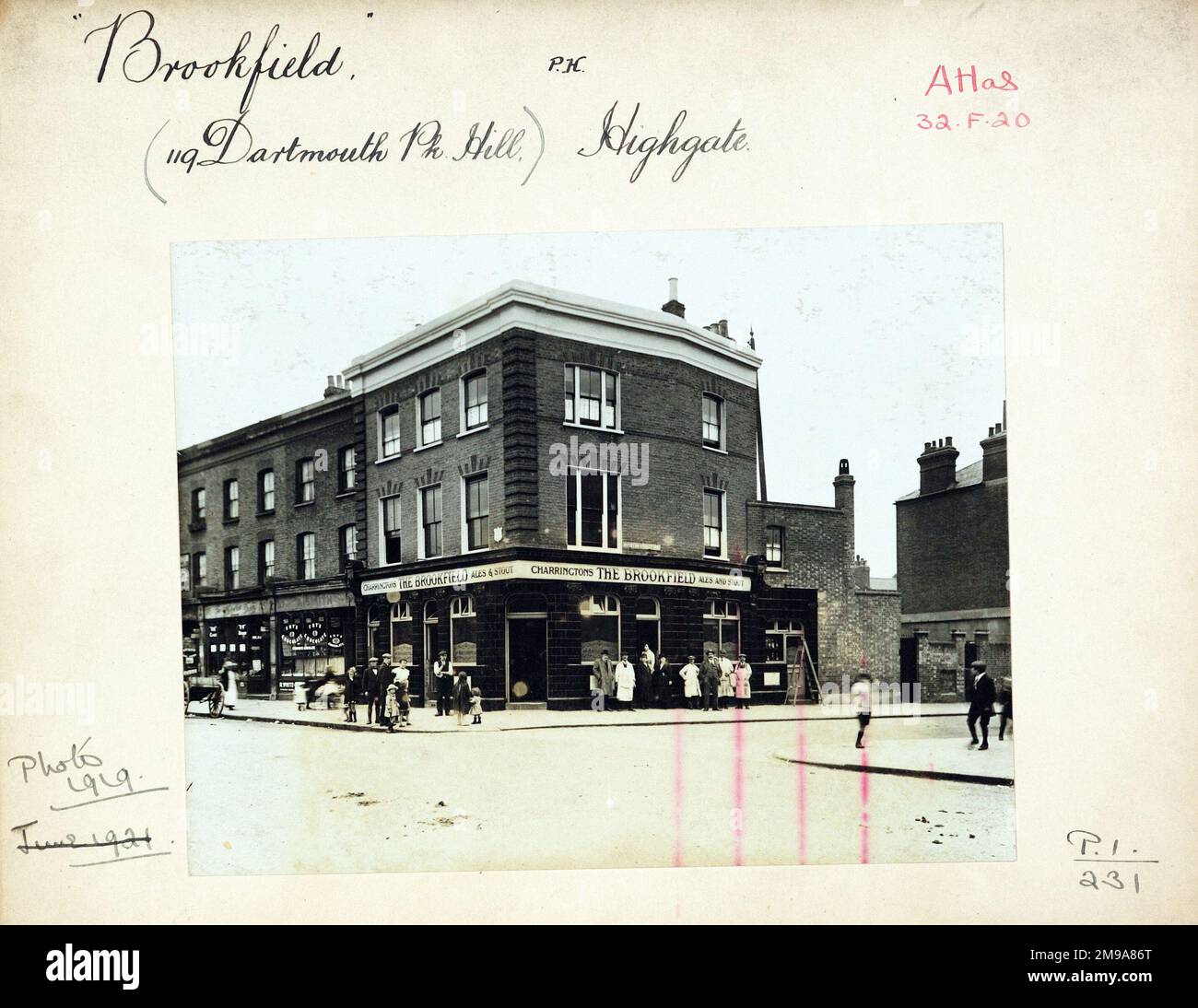 Photograph of Brookfield PH, Highgate, London. The main side of the print (shown here) depicts: Corner on view of the pub.  The back of the print (available on request) details: Trading Record 1913 . 1932 for the Brookfield, Highgate, London N19 5HU. As of July 2018 . Demolished Stock Photo