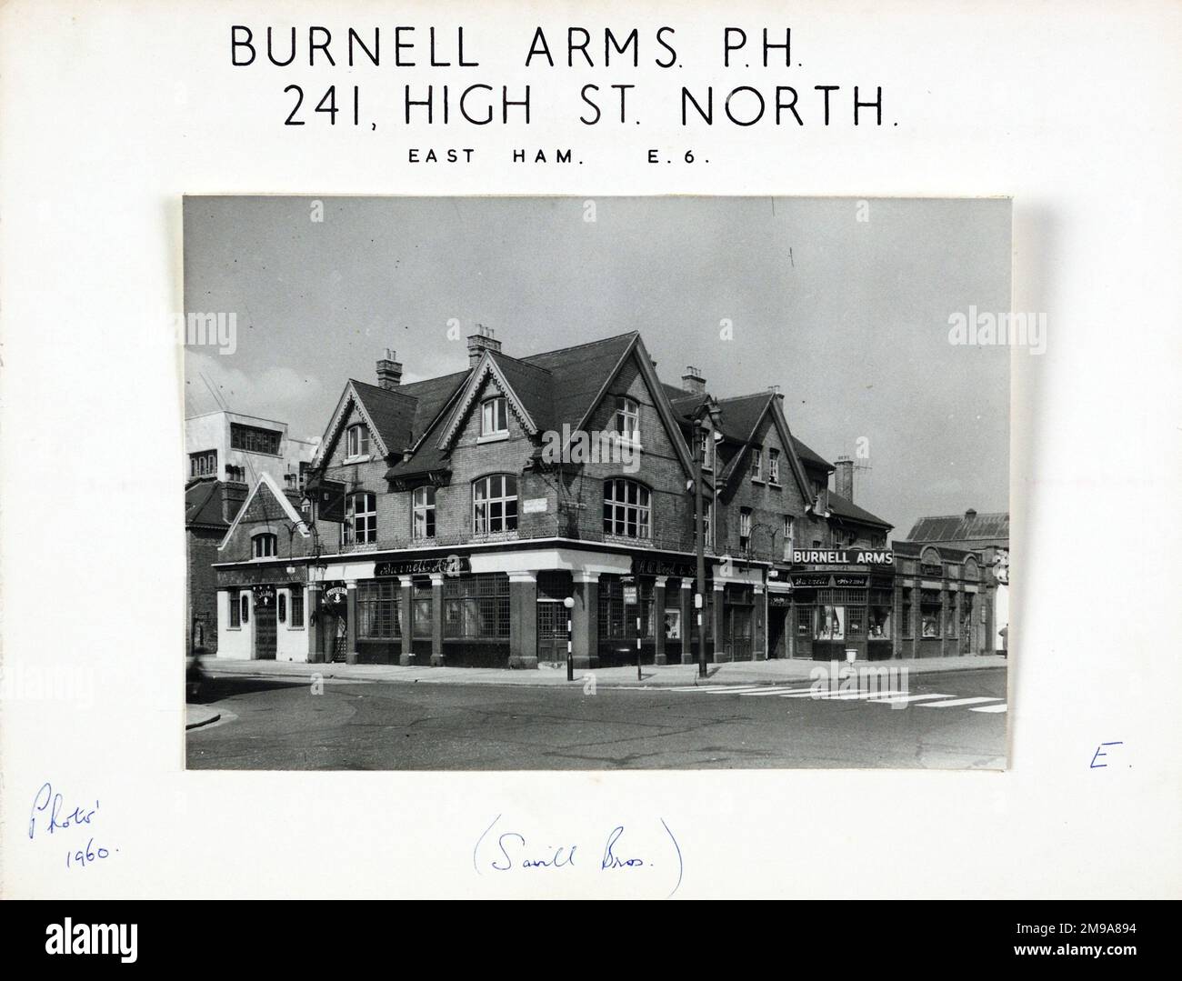 Photograph of Burnell Arms, East Ham, London. The main side of the print (shown here) depicts: Corner on view of the pub.  The back of the print (available on request) details: Trading Record 1938 . 1961 for the Burnell Arms, East Ham, London E12 6SJ. As of July 2018 . Demolished 2009. Now a Hindu temple. Stock Photo