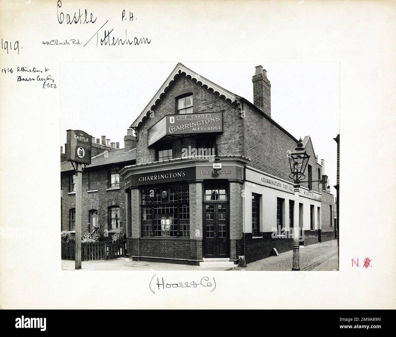 Photograph of Castle PH, Tottenham, London. The main side of the print (shown here) depicts: Right face on view of the pub.  The back of the print (available on request) details: Trading Record 1934 . 1961 for the Castle, Tottenham, London N17 8AQ. As of July 2018 . Long demolished Stock Photo