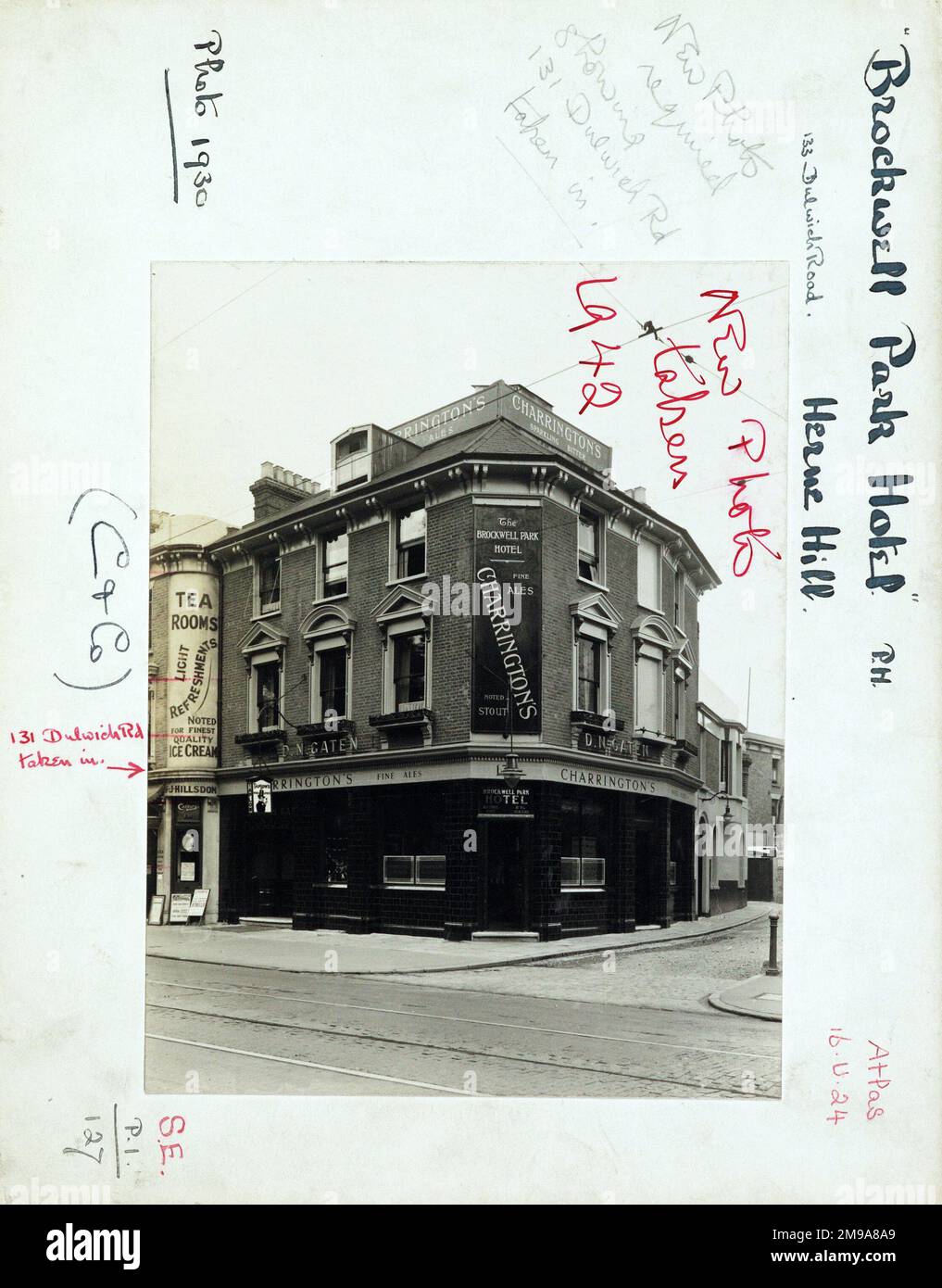 Photograph of Brockwell Park Tavern , Herne Hill, London. The main side of the print (shown here) depicts: Corner on view of the pub.  The back of the print (available on request) details: Trading Record 1924 . 1940 for the Brockwell Park Tavern, Herne Hill, London SE24 0NG. As of July 2018 . Now Florence aka Stakeline . Metropolitan (Greene King) Stock Photo