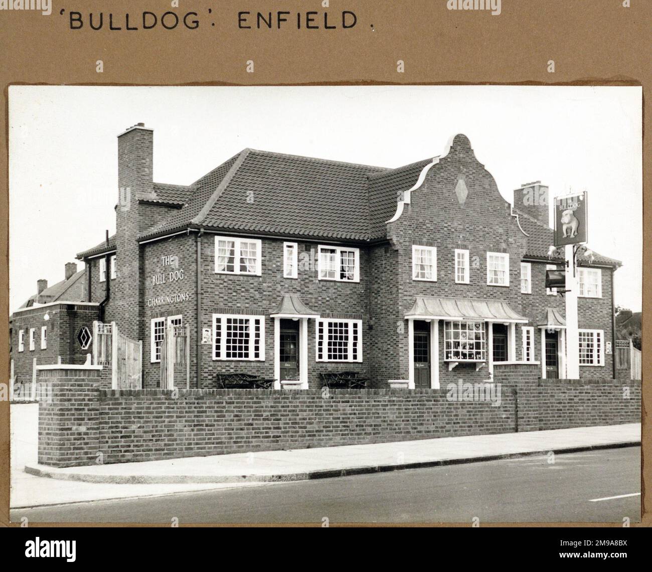 Photograph of Bulldog PH, Enfield, Greater London. The main side of the print (shown here) depicts: Left Face on view of the pub.  The back of the print (available on request) details: Nothing for the Bulldog, Enfield, Greater London EN1 4SE. As of July 2018 . Now a McDonalds Stock Photo