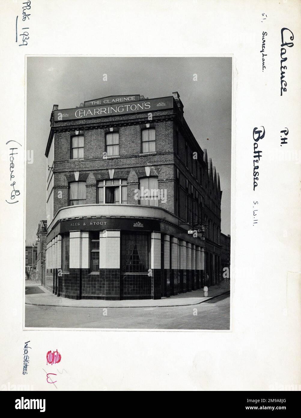 Photograph of Clarence PH, Battersea, London. The main side of the print (shown here) depicts: Right face on view of the pub.  The back of the print (available on request) details: Trading Record 1934 . 1961 for the Clarence, Battersea, London SW11 3PS. As of July 2018 . Demolished . now flats Stock Photo